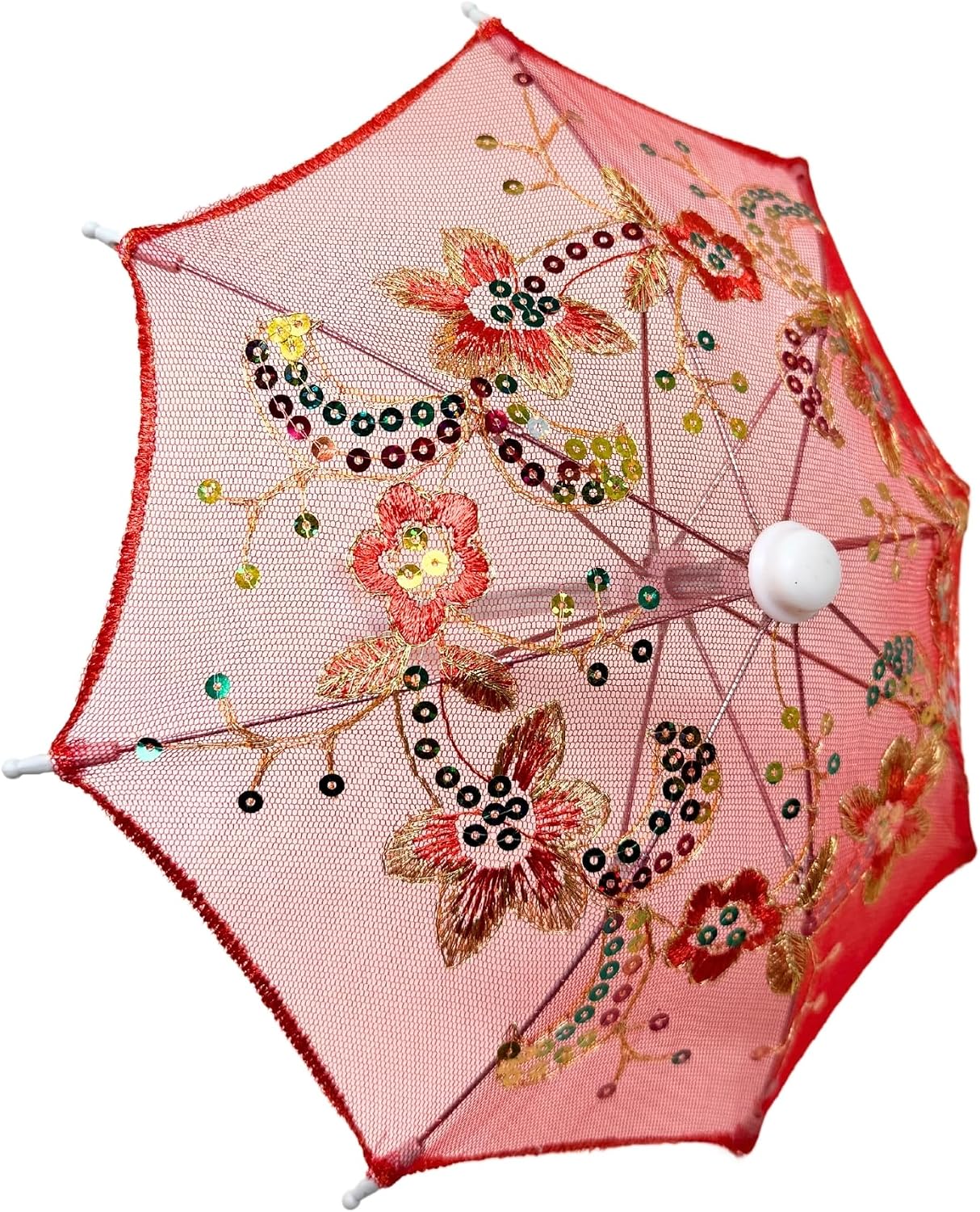 Pack of 6 Mini Lace Umbrella Parasols with Sequins - Delicate Dolls Size Decorative Small Umbrella for Weddings, Baby Showers, Parties and Events - 11.6 inch Diameter