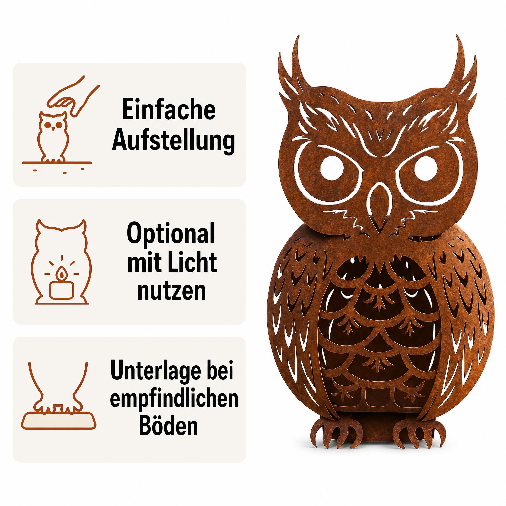 Gartendeko Rost – Eule aus Metall mit Edelrost-Patina, Filigrane Ausstanzungen, hohler Korpus für Lichtakzente, zum Hinstellen für Garten & Terrasse, 62 x 35 cm