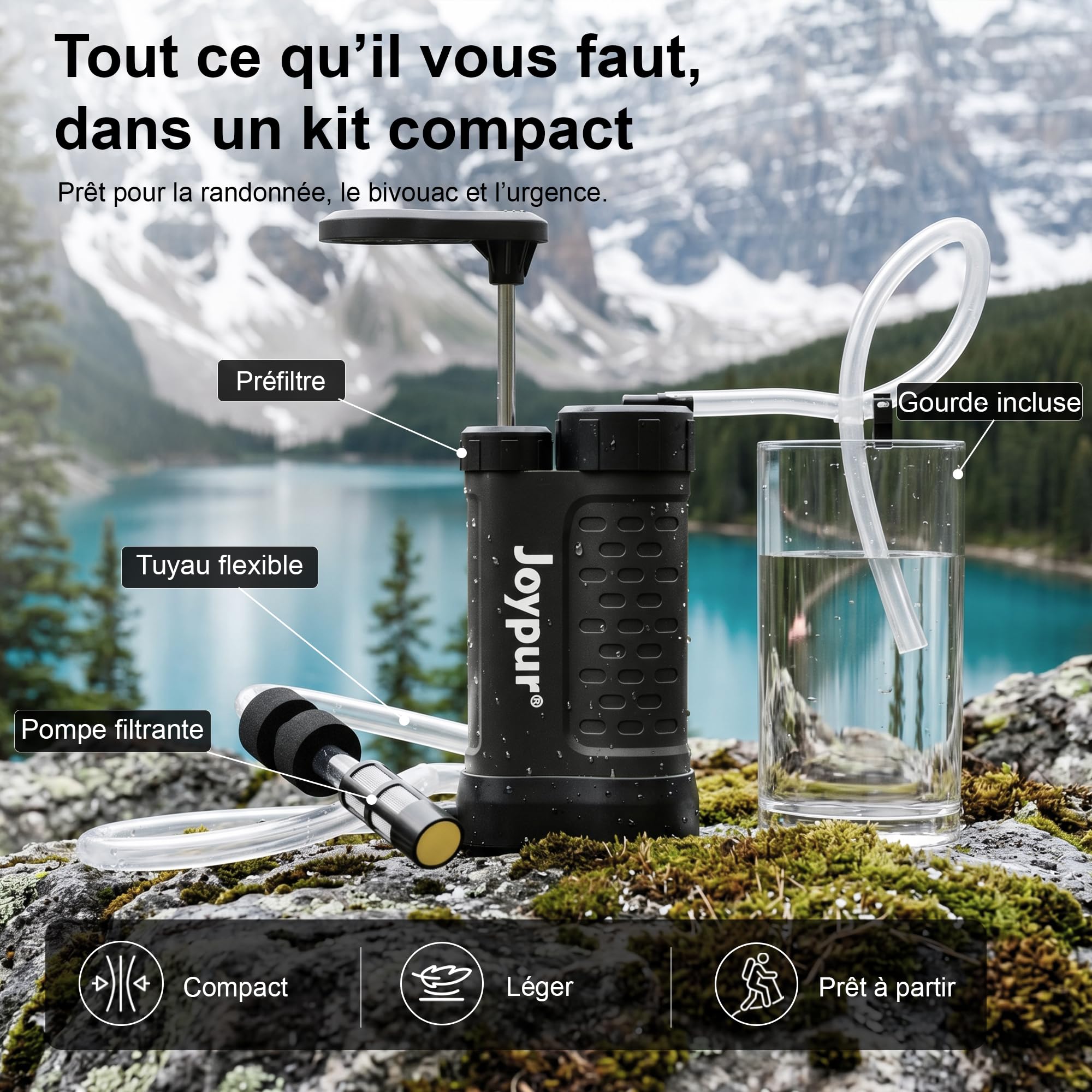 Filtro dell'acqua per esterni con membrana UF a 5 livelli, precisione del filtro 0,01 μm, peso leggero 340 g, per campeggio e emergenza (480 ml) (K8192 x nero)