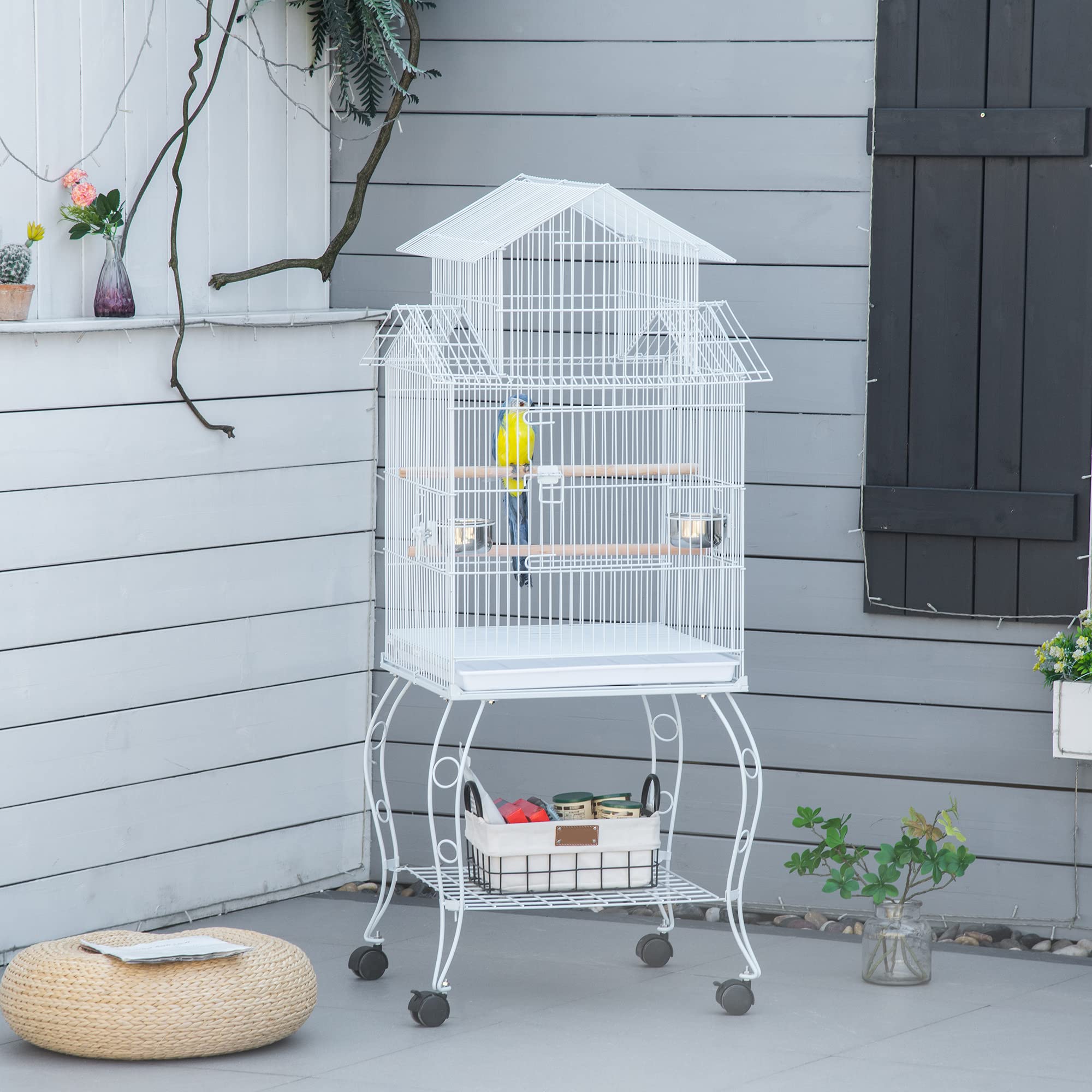 PawHut Jaula para Pájaros con Ruedas Jaula Grande con Soporte Pajarera con Bandeja Extraíble Puertas Comederos Perchas y Estante Inferior para Cacatúa NINFA Cotorra del Sol 50x49x137 cm Blanco
