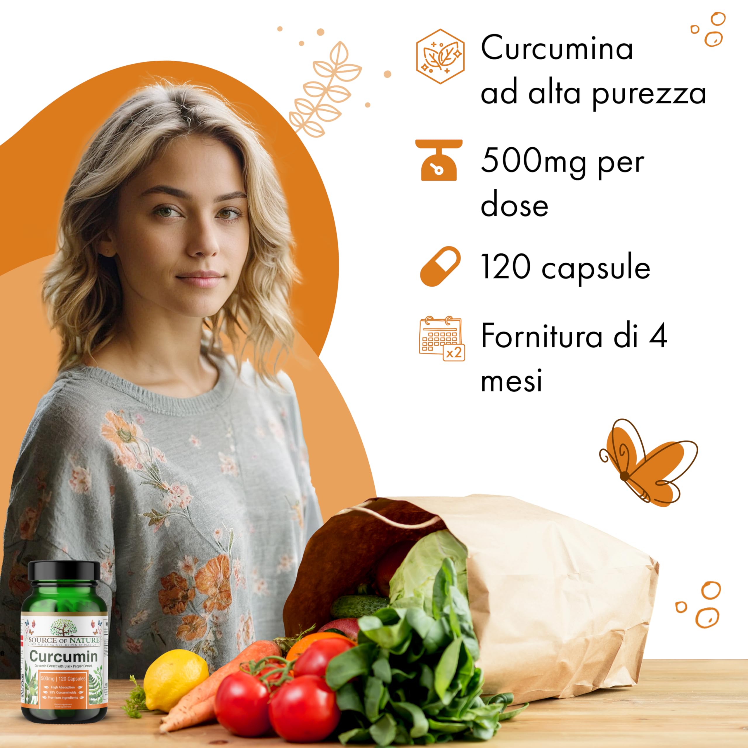 Source of Nature® | Estratto di Curcuma 500mg | 120 Capsule | +95% Curcuminoidi Puri | Prodotto nell'UE | Con BioPerine® (Estratto di Pepe Nero) per Assorbimento | Da Curcuma | Alta dose