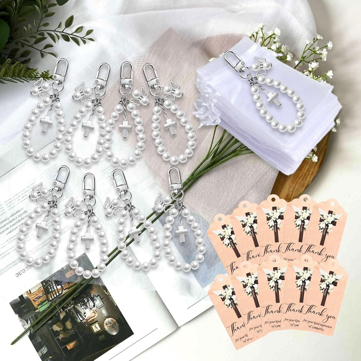 20 Sets Angel Wing Cross Keychains – Elegant Memorial Gifts for Funerals, Prayer Services, Condolence Favors with Organza Bags (Silver Tone)