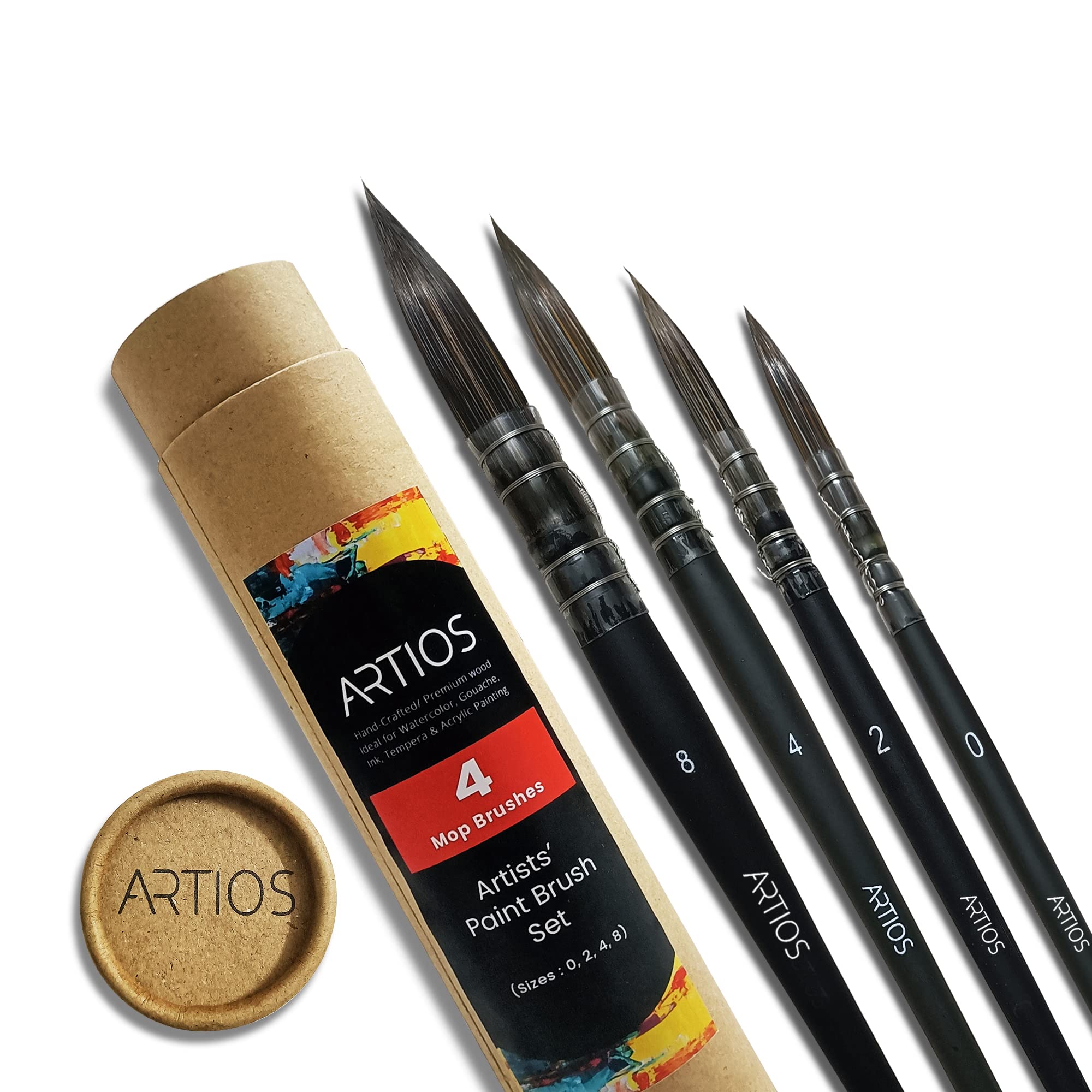 ARTIOS Mop Brush for Painting - Premium Synthetic Watercolor Set for Artists With Holder, Handmade Cruelty-Free Paint Set of 4 (0, 2, 4, 8), Matte Black Wood