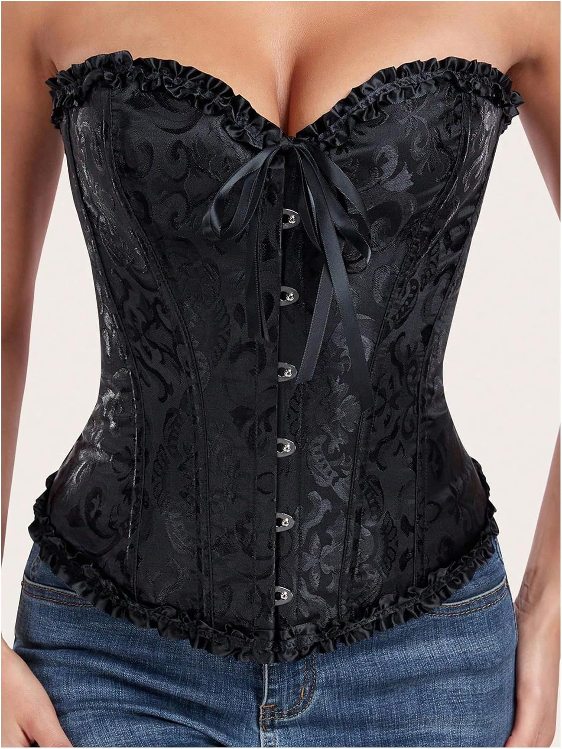 GORGLITTER Women's Floral Corset Tops Frill Trim Lace Up Boned Renaissance Bustier Shapewear Overbust Bandeau Tube - Image 3