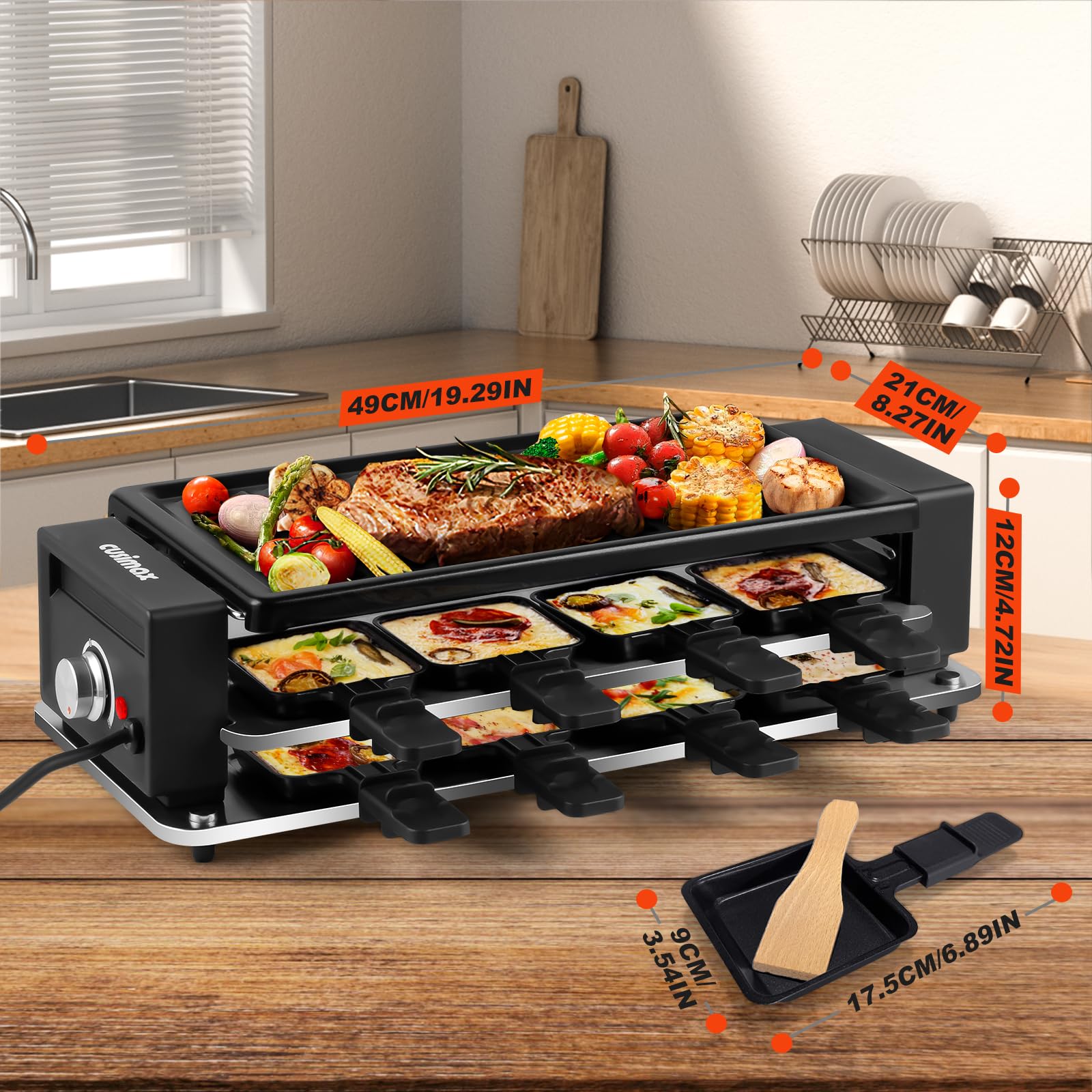 Raclette Grill - Parrilla coreana para barbacoa, parrilla de mesa de raclette portátil con placa antiadherente, control de temperatura ajustable, parrilla interior con asas de tacto fresco, 8 7