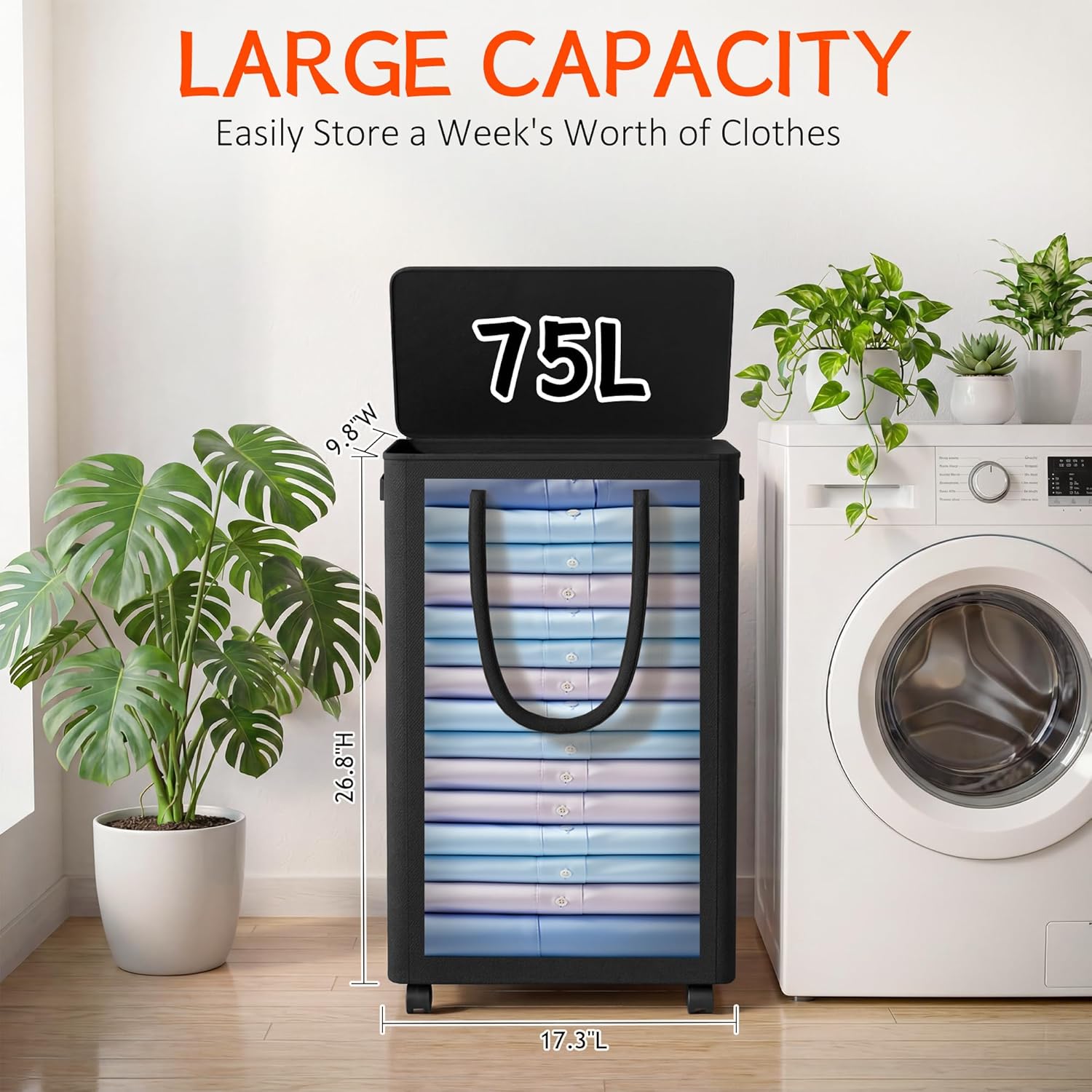Slim Laundry Hamper with Wheels,20 Gal (75L) Rolling Laundry Basket with lid and wheels Clothes Hamper Foldable Tall Dirty Clothes Basket Sturdy Collapsible Clothes Hamper for Dorm,Laundry Room