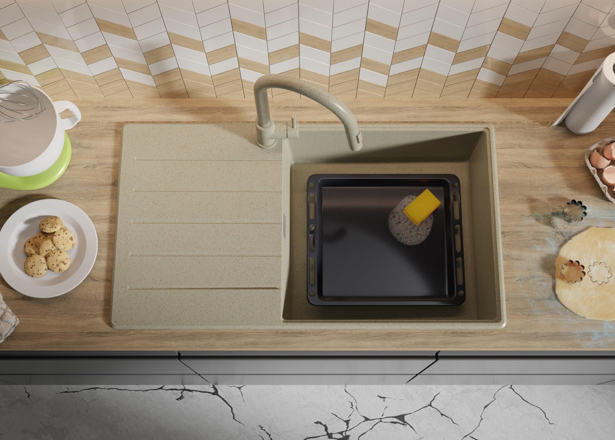 PRIMAGRAN Evier Cuisine en Granit Tout Beige 90x50cm, Lavabo 1 bac + Kit de Vidage, Évier à Encastrer au Meuble 60cm - Copenhague Top S668
