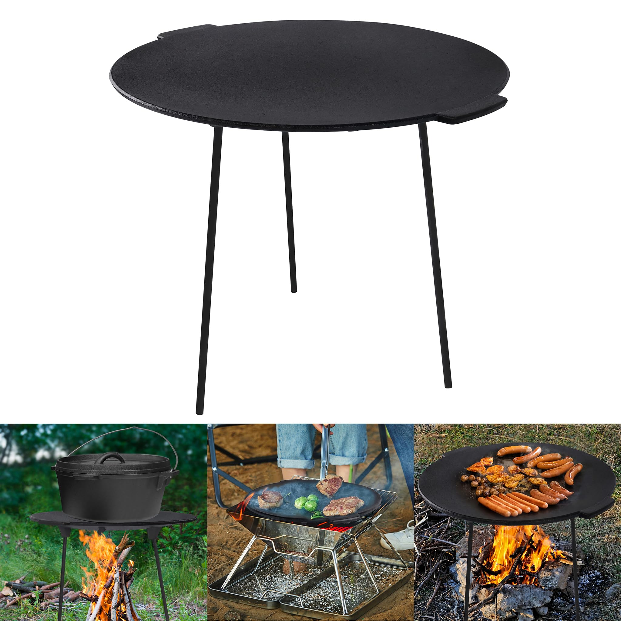 YRHome BBQ, żeliwna płyta grillowa, okrągła, Ø 45 cm, stojak na trójnogi, patelnia grillowa z uchwytami i torbą ochronną, wytrzymała patelnia outdoorowa, akcesoria do grilla, nakładka na kemping i do