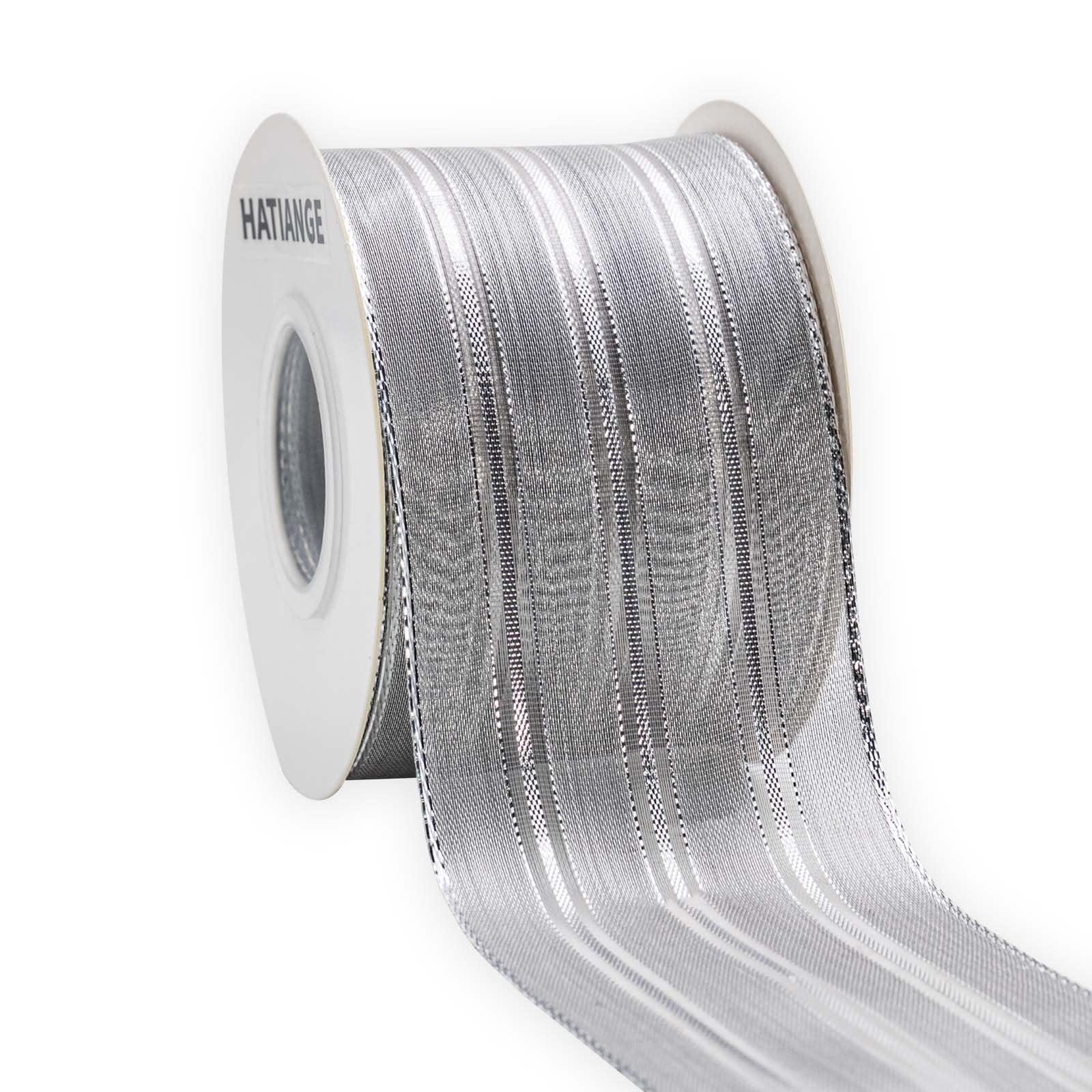 HATIANGE Silver Metallic Stripes Ribbon Wired 6.3CM x 10 Meters for Christmas Home Decor Tree Topper Bow Gift Wrapping DIY Crafts Wreath Garland Wedding
