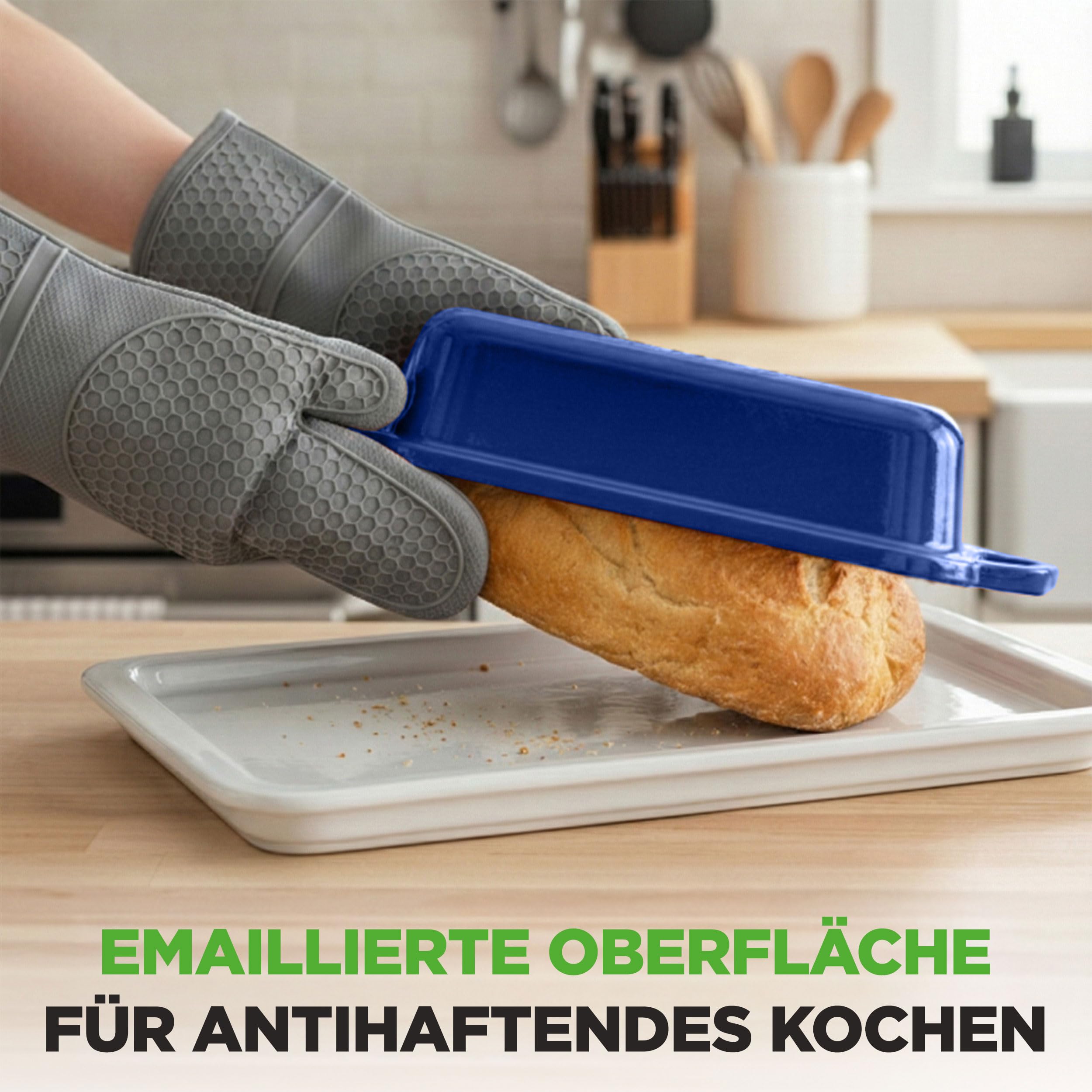 NutriChef Gusseisen Topf - Brotbackform mit Deckel - 22,9 cm Kastenform für Sauerteigbrot, emailliert, inkl. Silikonhandschuhen, spülmaschinenfest, Blau