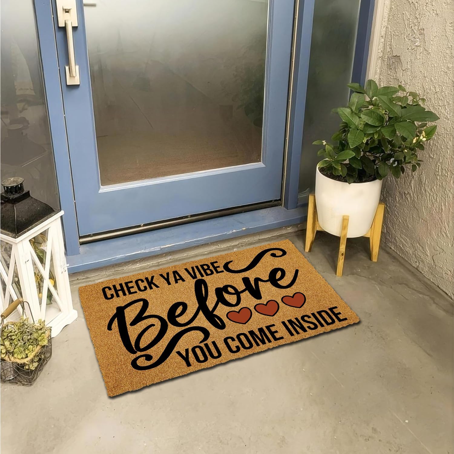 Check Ya Vibe Before You Come Inside Faux Coir Felt Door Mats for Outdoor Entrance with Rubber Backing, 23.6" x 15.7" Size Rubber Washable Door Mats Inside Non Slip Funny