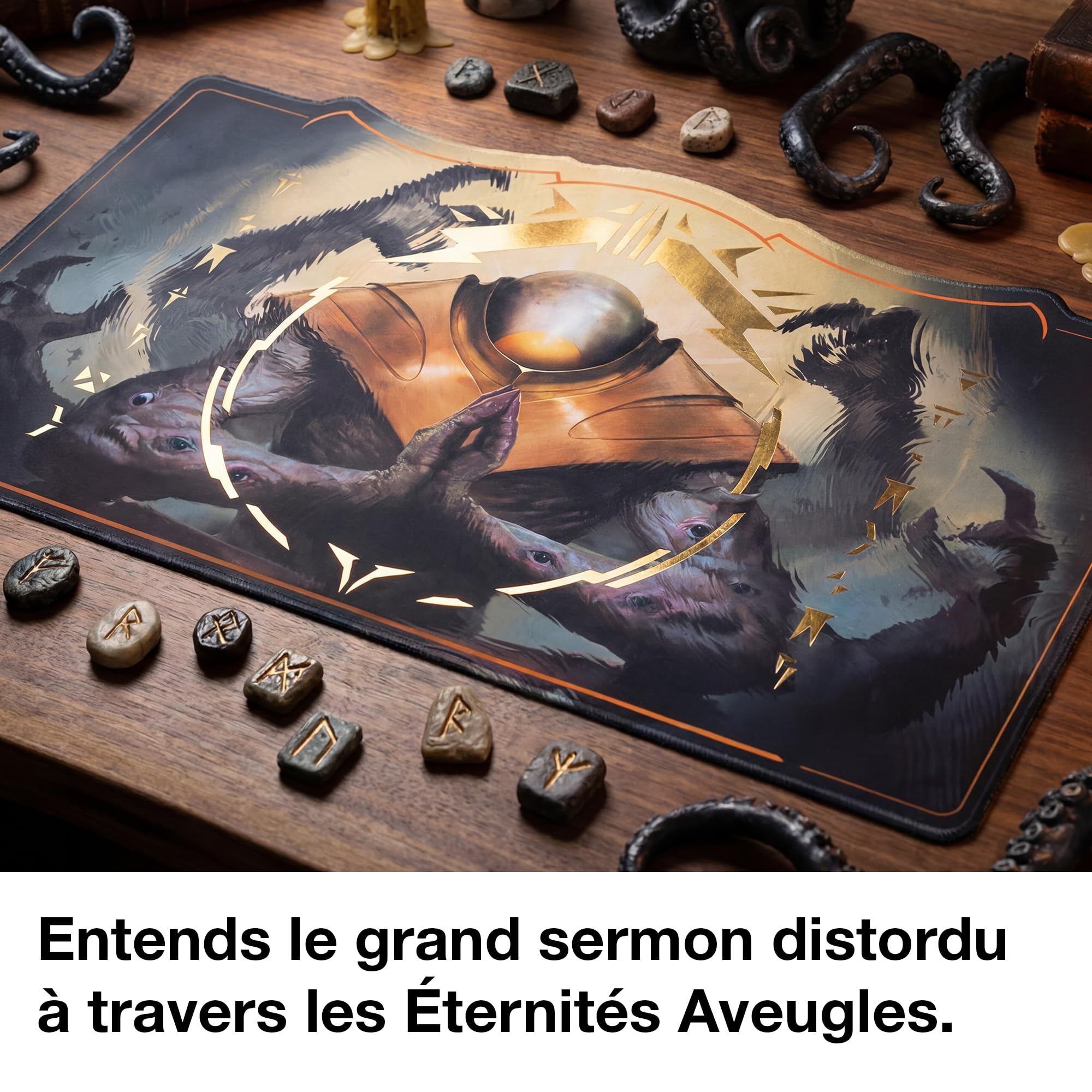 Alfies! The Great Distortion Tapis de Jeu Magic MTG | Artwork Eldrazi Peint à la Main | Accents dorés holographiques Faits Main | Design européen Exclusif | Forme légendaire personnalisée