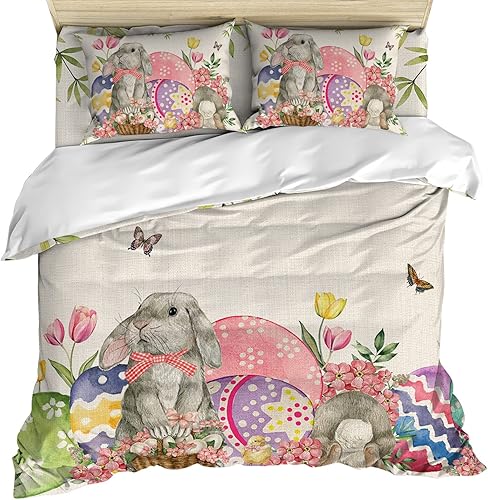 Gehucoxee Juego de ropa de cama de 4 piezas, tamaño Queen, primavera, Pascua, funda de edredón para niños, niñas, niños, conejo, huevos, tulipán,