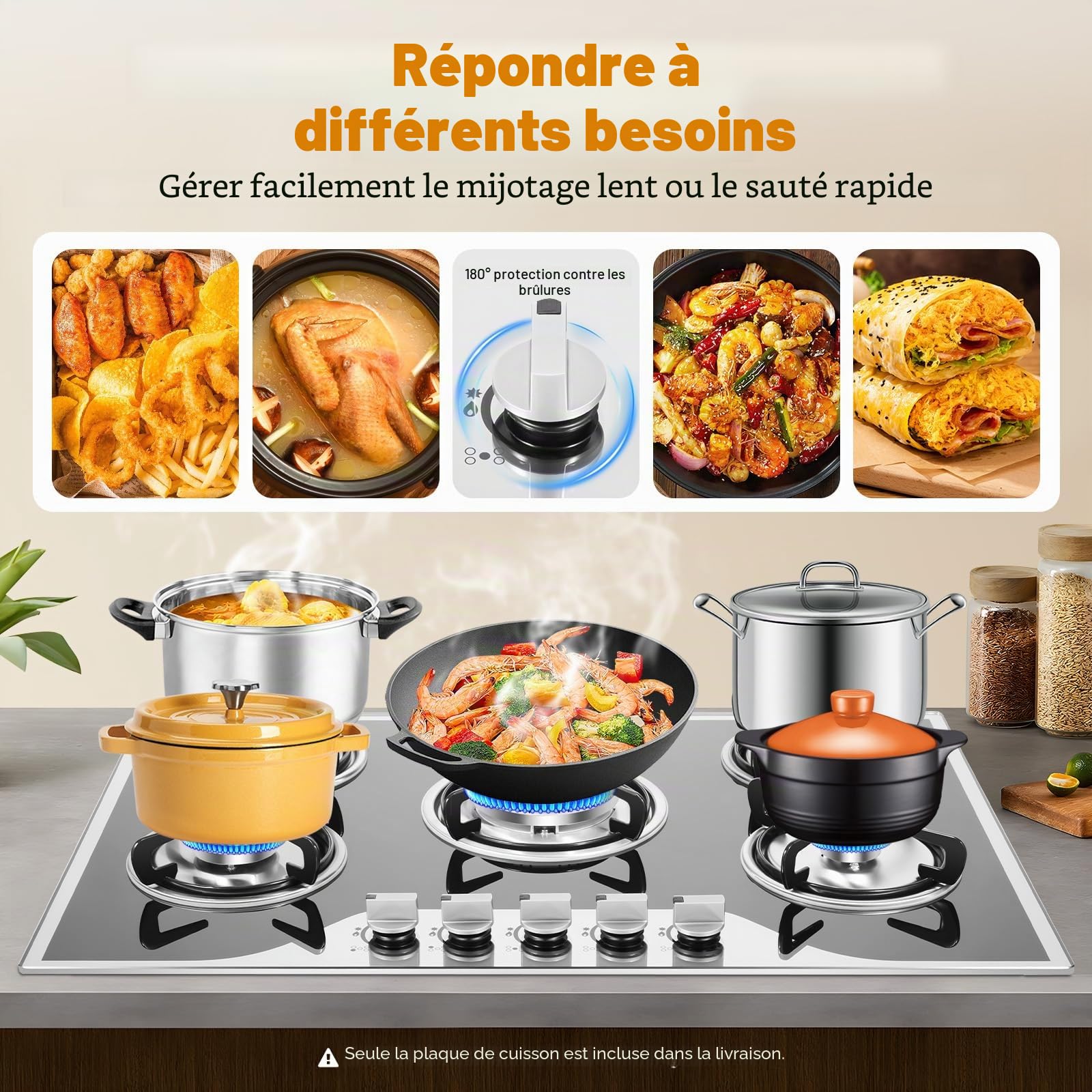 Plaque de cuisson à gaz 5 foyers avec surface en verre, plaque de cuisson à gaz en verre 5 zones - Pour gaz naturel ou GPL, 63% d'efficacité thermique, encastrable ou indépendante