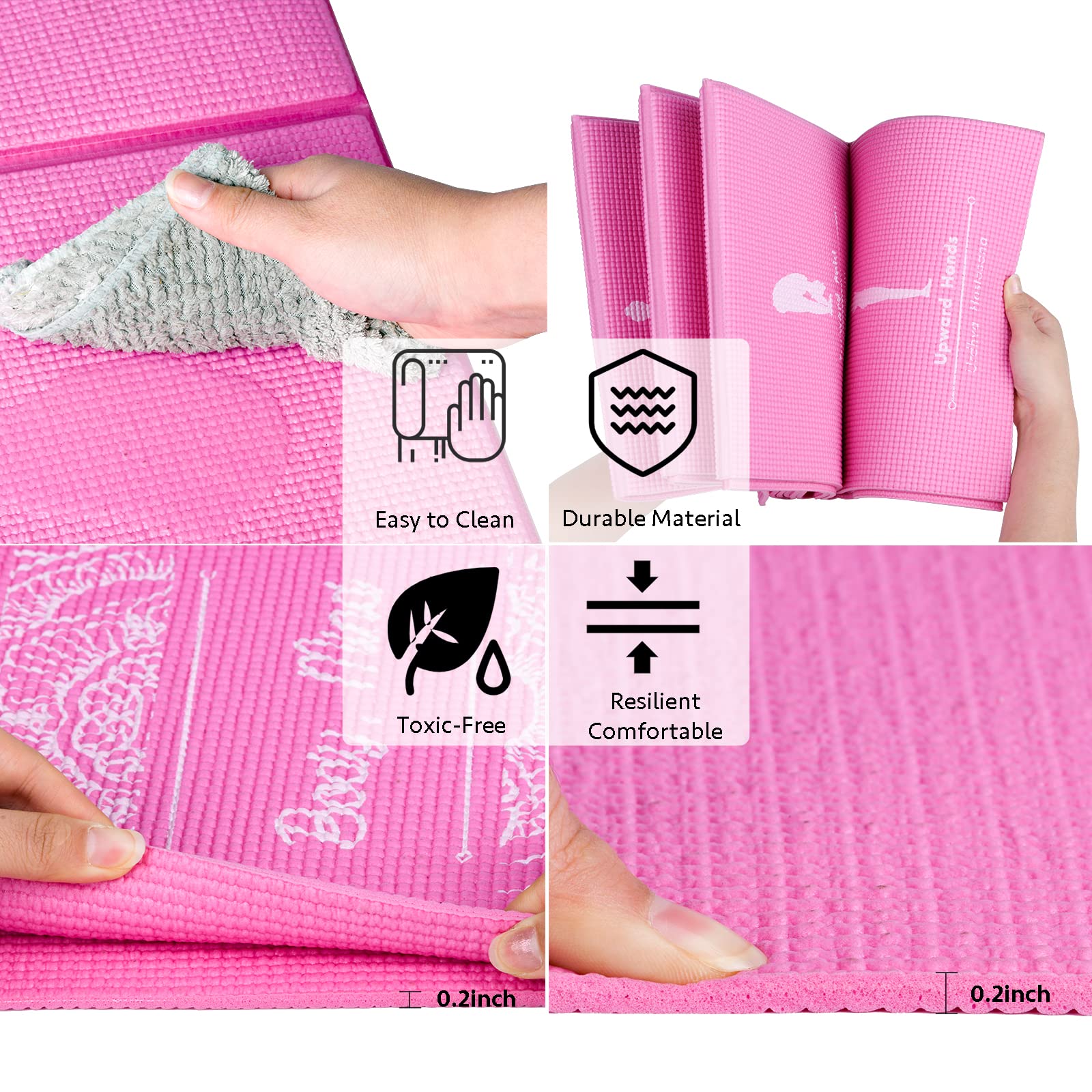 Tappetino Yoga Pieghevole Portatile Per Le Donne, Tappetino di Esercizio Antiscivolo Per La Palestra Domestica, Spesso 5mm Set Di Yoga Da Viaggio Con Elastico Per Yoga Pilates e Fitness, 173x61cm