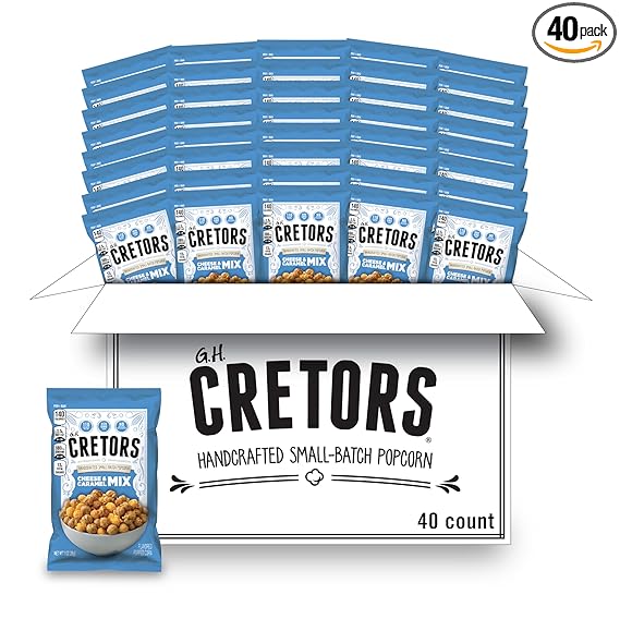 G.H. Cretors Cheese & Caramel Popcorn Mix (1 oz Bags – 40 Pack) Handcrafted Small Batch Popcorn, Gluten Free, Kosher, No Artificial Preservatives, Convenient Individual Bags