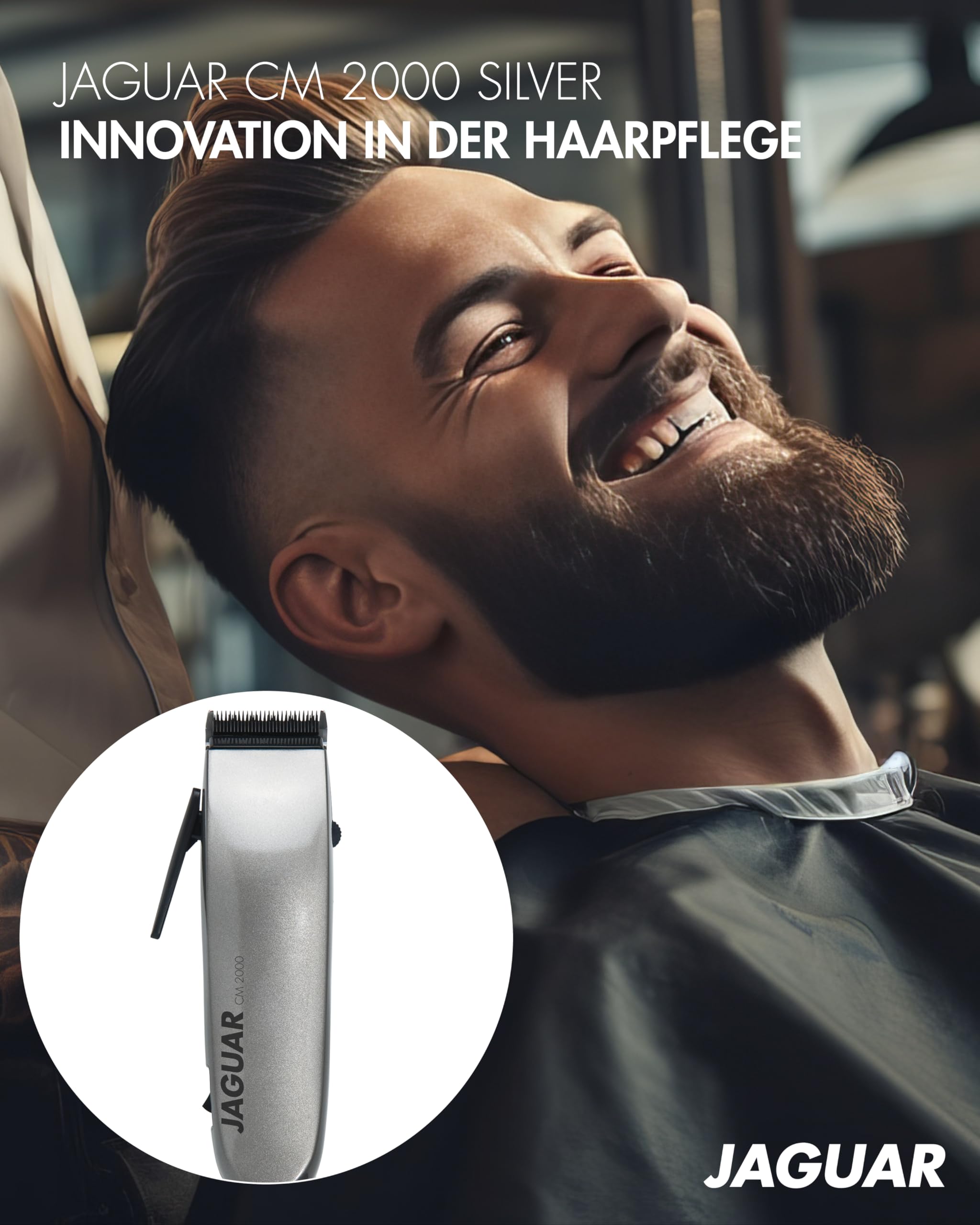 JAGUAR Haarschneidemaschine CM 2000 Silver | Profi-Haarclipper für Netzbetrieb | Schnellmontage-System | Aufsteckkammset | vom Profi für Dich