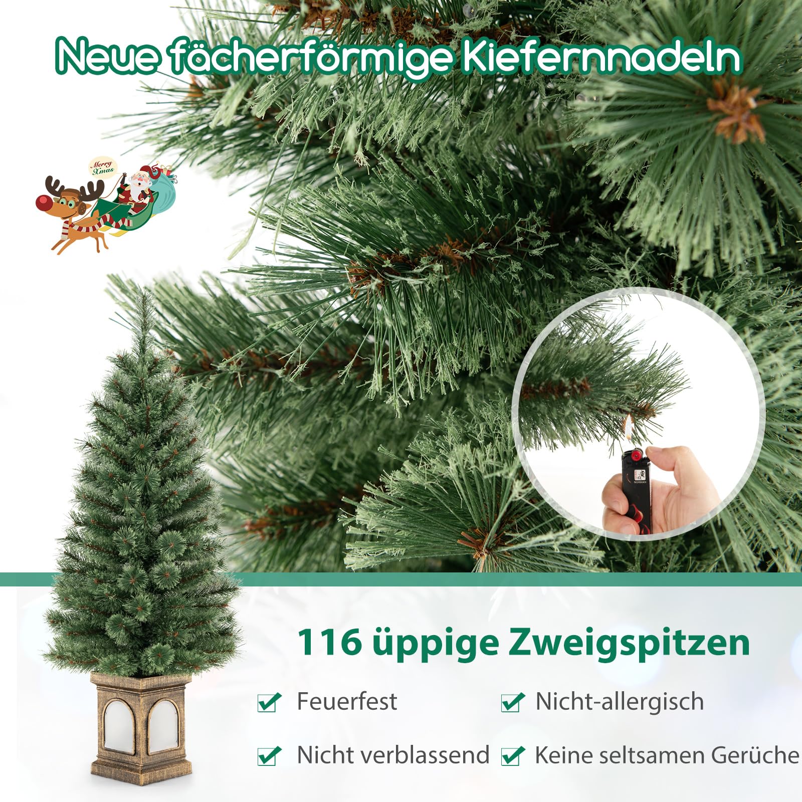 COSTWAY 120 cm künstlicher Weihnachtsbaum mit Beleuchtung, Tannenbaum im Topf, mit warmweißen LED-Lichtern & Timer & 116 PVC Zweigspitzen, Topfbaum für Eingang Haus Büro, Grün