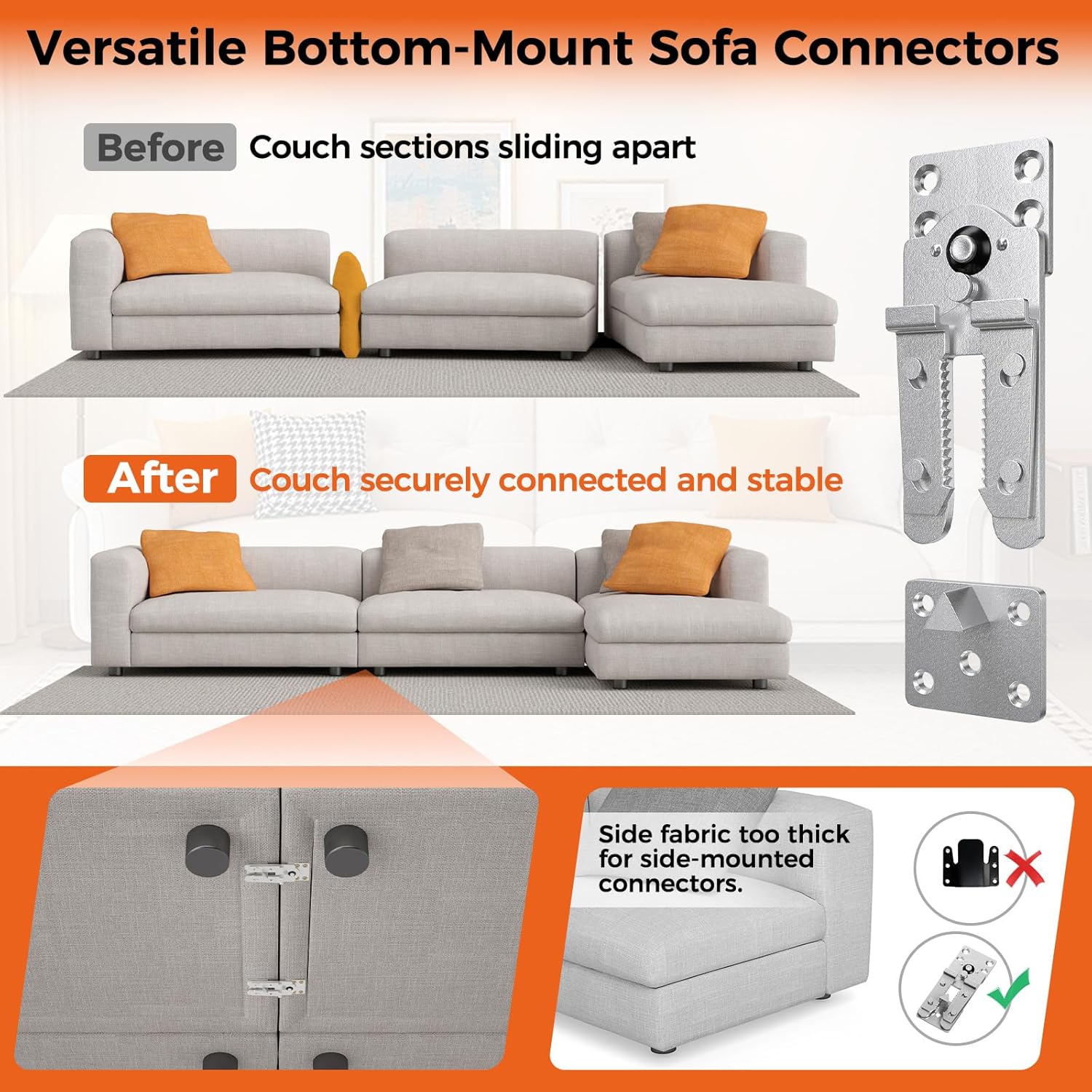 Sectional Couch Connectors, Thickened Interlocking Alligator Couch Connectors to Make Sectional Stay (6 Pack+60 Screws)