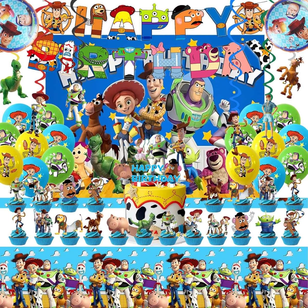 Juego de 48 piezas de suministros para fiesta de cumpleaños de Toy Story, que incluyen pancarta de feliz cumpleaños, telón de fondo, decoraciones en forma de remolino, globos, decoración para pasteles, adornos para magdalenas y mantel