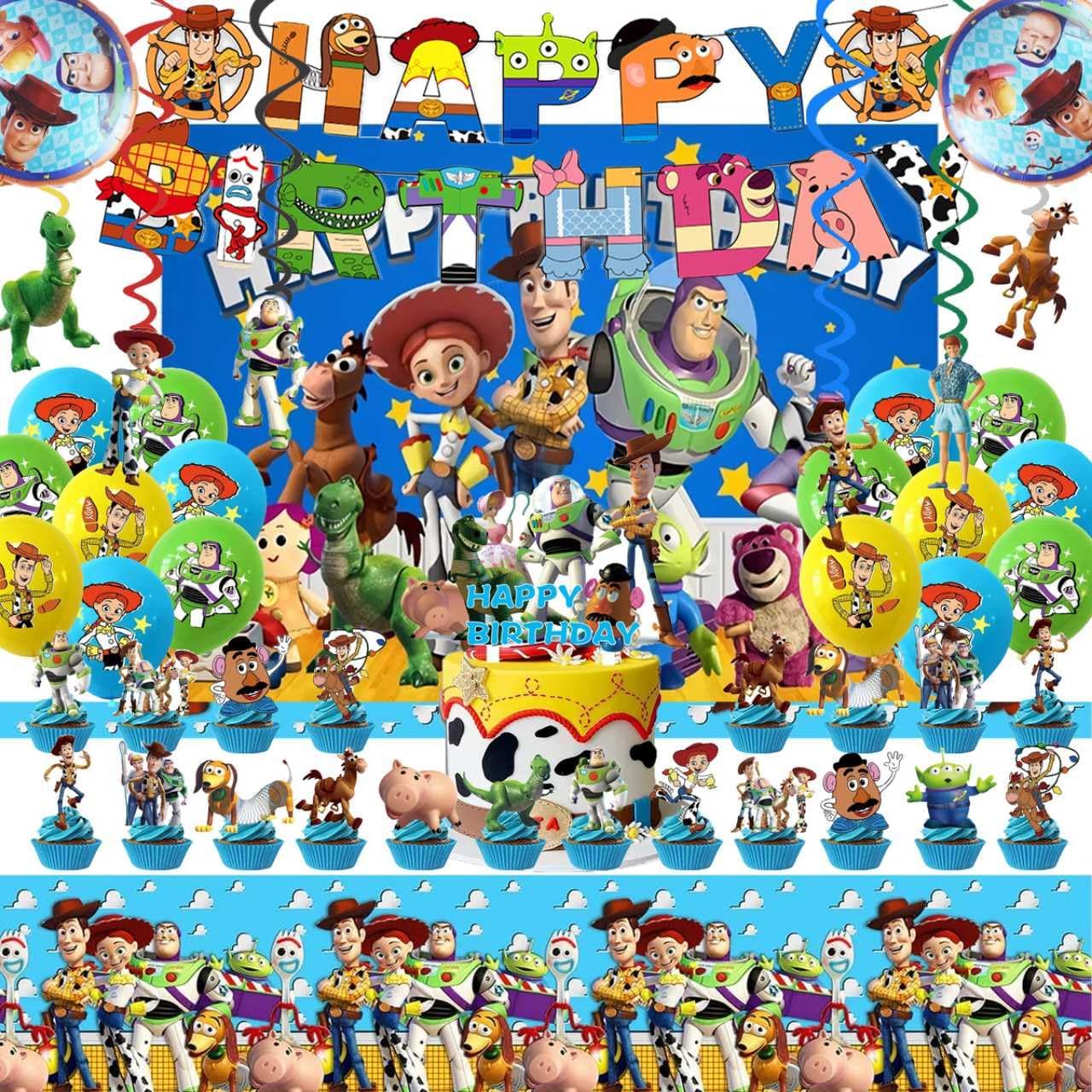 48PCS Toy Story Birthday Party Supplies Set, Including Happy Birthday Banner, Backdrop, Swirl Decorations, Balloons, Cake Topper, Cupcake Toppers, Tablecloth