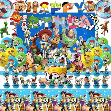 48PCS Toy Story Birthday Party Supplies Set, Including Happy Birthday Banner, Backdrop, Swirl Decorations, Balloons, Cake Topper, Cupcake Toppers, Tablecloth