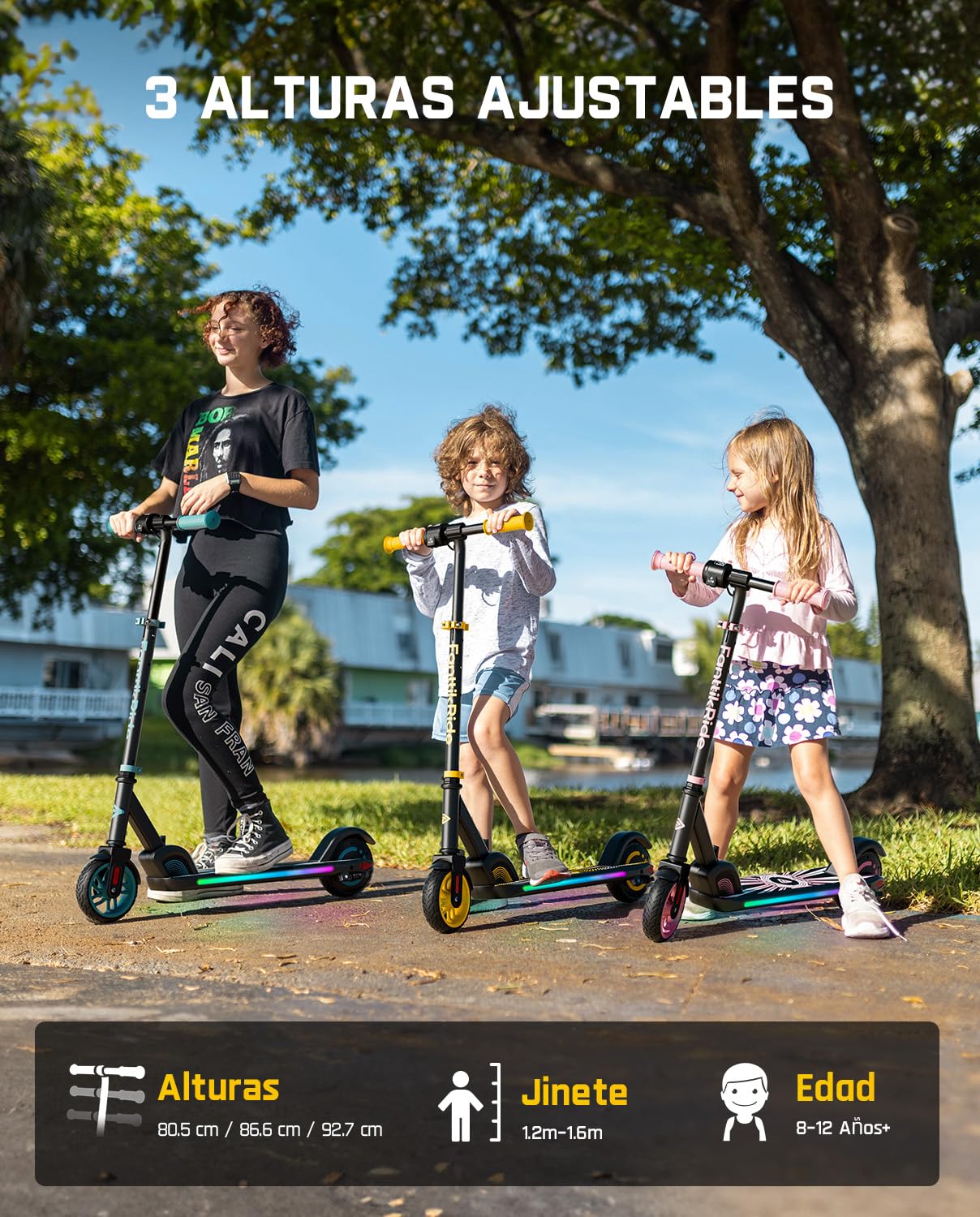 FanttikRide C9 Apex Patinete Electrico para Niños, Bluetooth | Altavoz Bluetooth, Luces Arcoíris, 8/13/16 km/h, Alcance de 8 km, Altura Ajustable, Plegable, hasta 60 kg