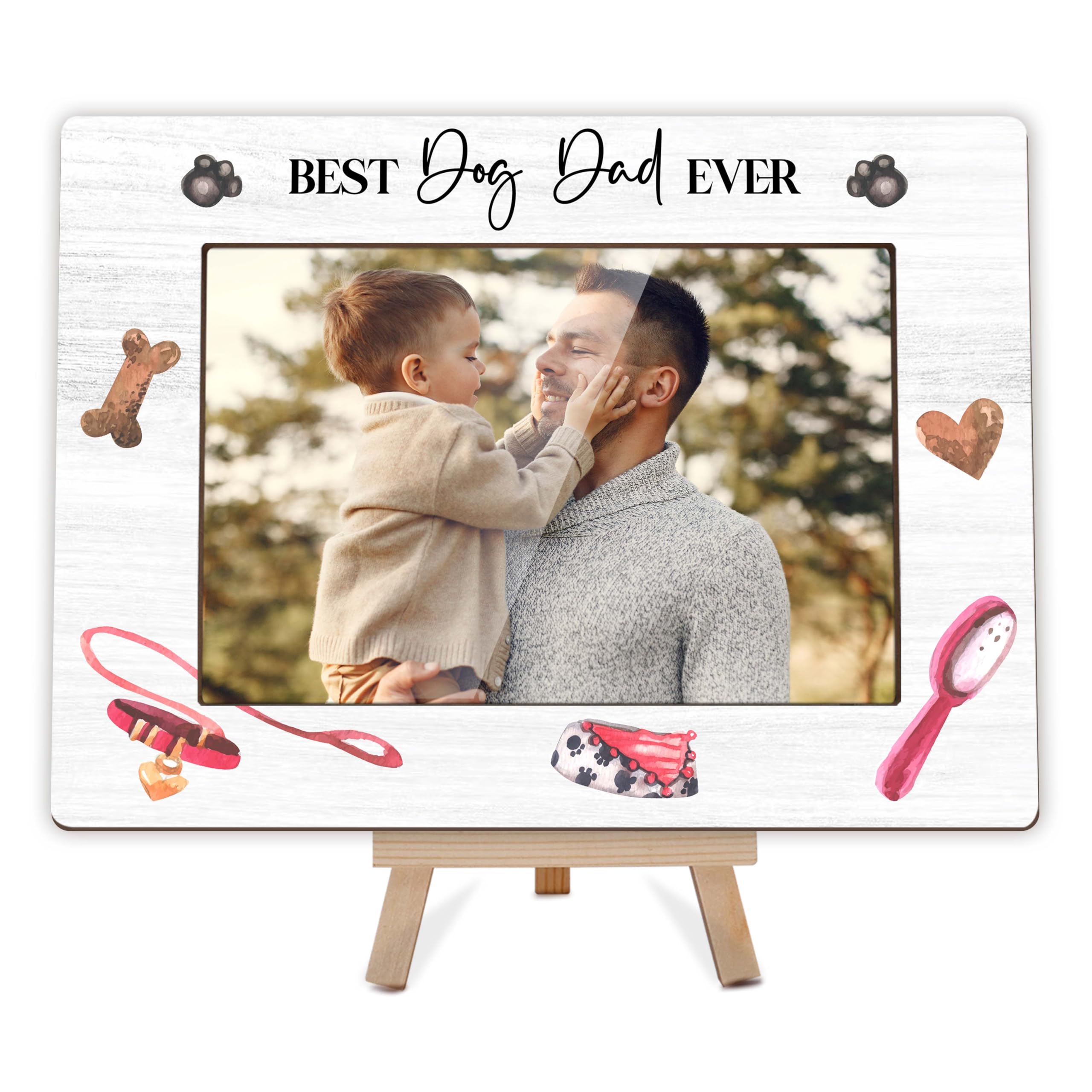 patcate Father's Day Picture Frame, Best Dog Dad Photo Frame Gift, Happy Fathers Day Dog Lover Gifts, 4x6 Inch Wooden Frame with Easel-E07
