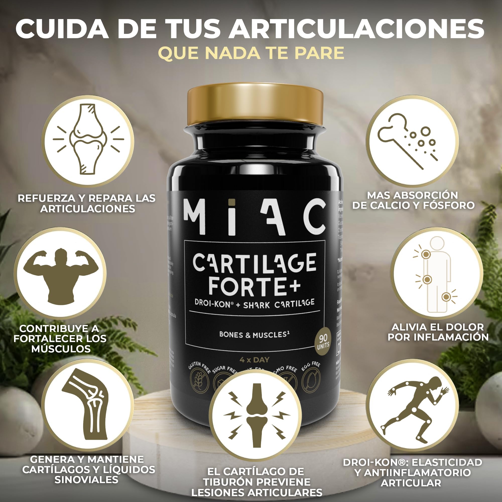 MIAC Glucosamina Condroitina | Glucosamina 1320 mg | Condroitina 880 mg | Con Vitamina D3 | 90 Cápsulas | Refuerza Cartílagos, Articulaciones y Huesos | Sin Gluten