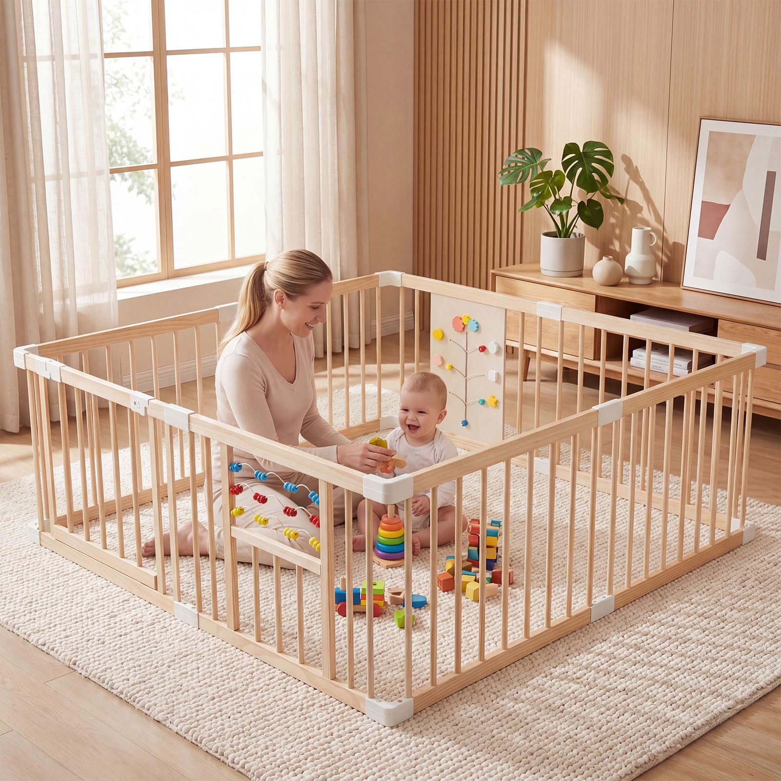 RELAX4LIFE Parc Bébé en Bois Pliable Montessori, Barrière de Sécurité 8 PCS | en Bois Non Peint avec Panneau d'Activités, Portillon de Sécurité, Barreaux Écartés 6cm, Gain de Place, 160x160cm