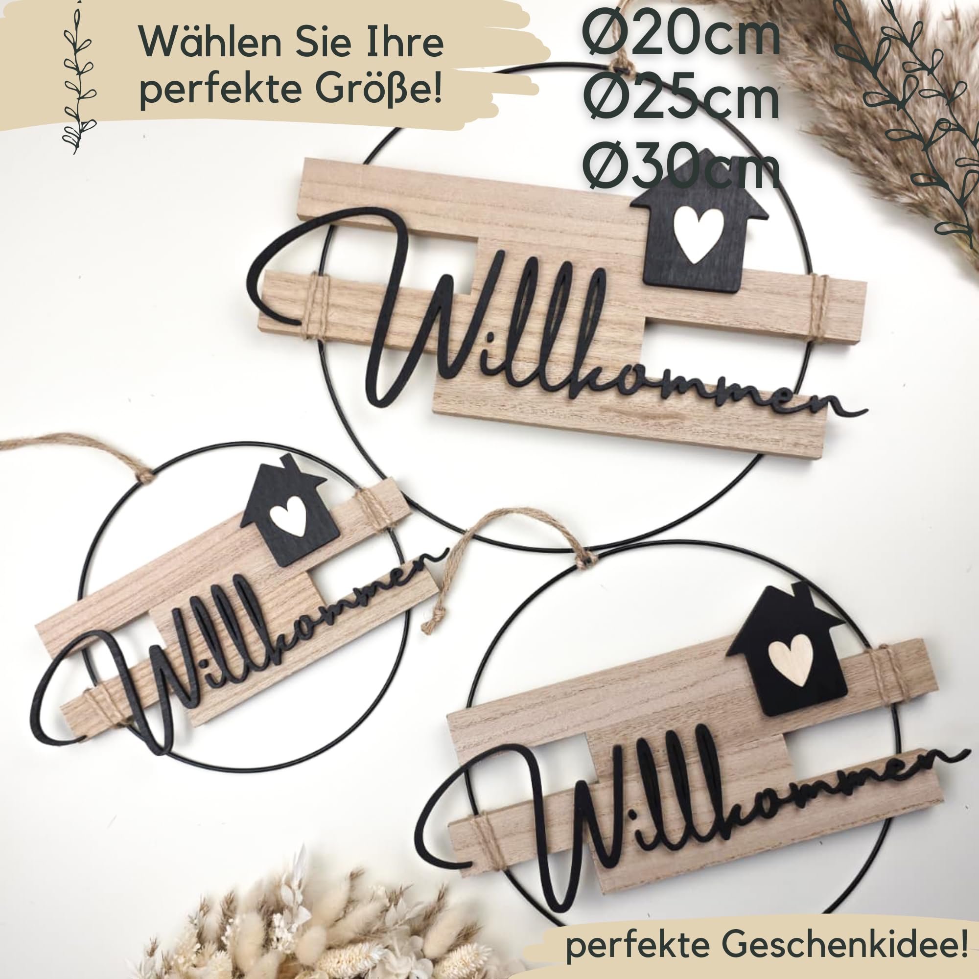 Türkranz Willkommen aus Holz | 20cm, 25cm und 30cm | Türkranz ganzjährig | Willkommen Schild Haustür | Haustürdeko | (30cm)