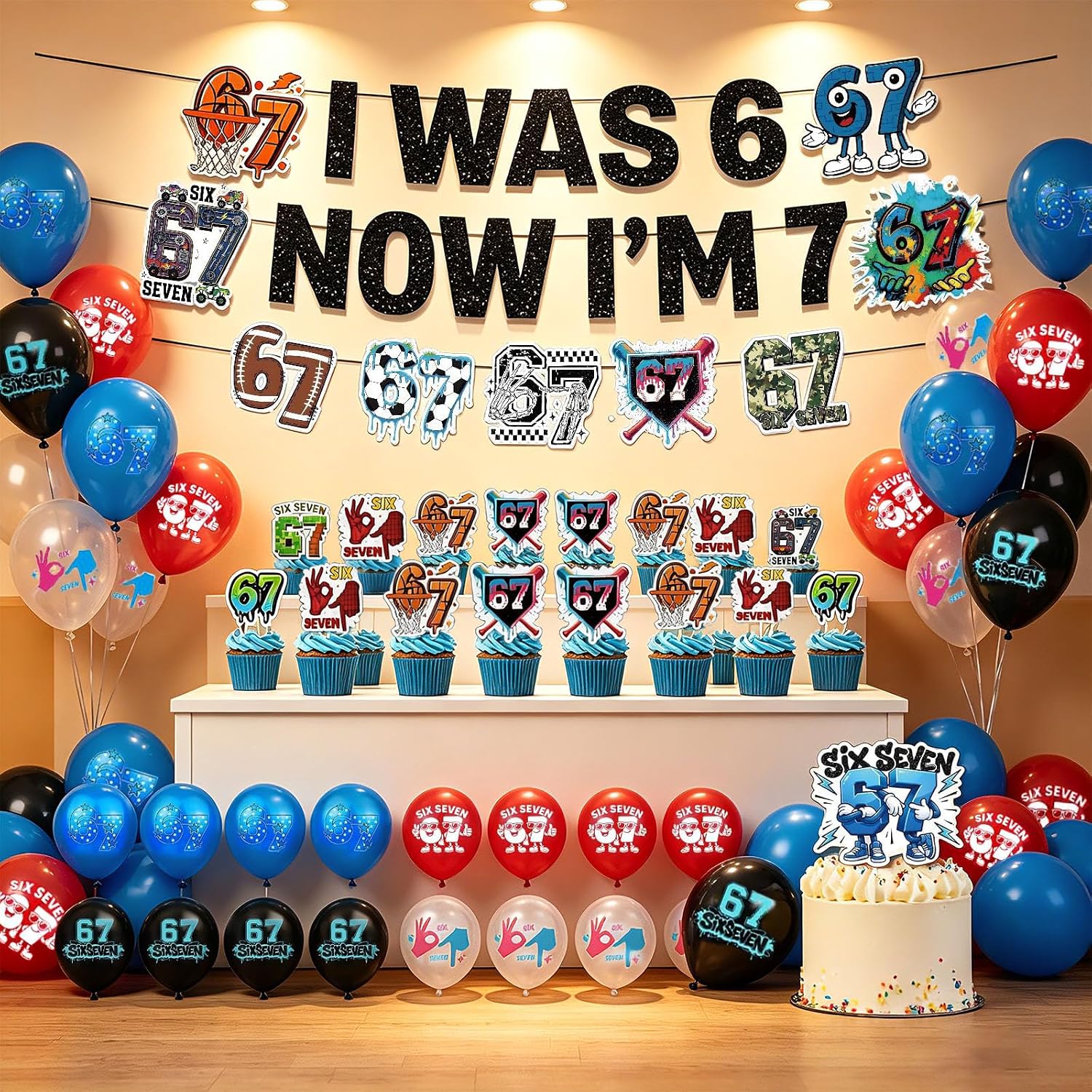 6 7 Birthday Decorations with Banner Balloon Cup Cake Toppers