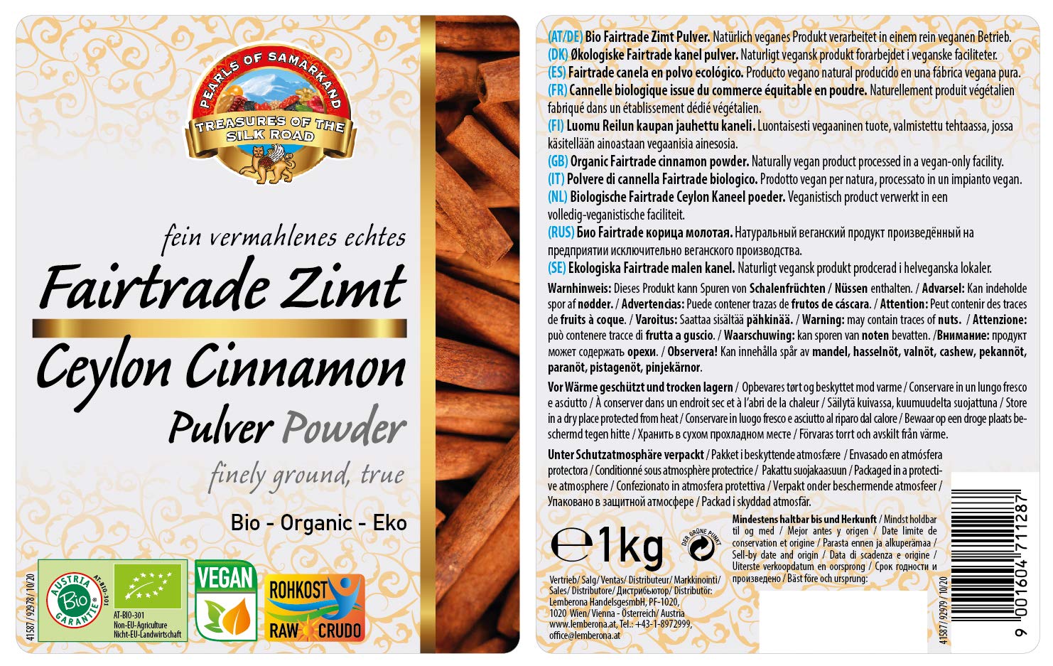 Canela en polvo Bio 1 kg (de Ceilán) crudo, eco, orgánico 1000g