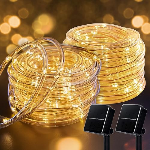Brightown Solar Rope Lights, 39FT 100LED Outdoor Solar String Lights, IP65 Waterproof Solar Powered Fairy Lights with 8 Lighting Modes for Party Garden Yard Home Holiday Tree Decoration, Warm White