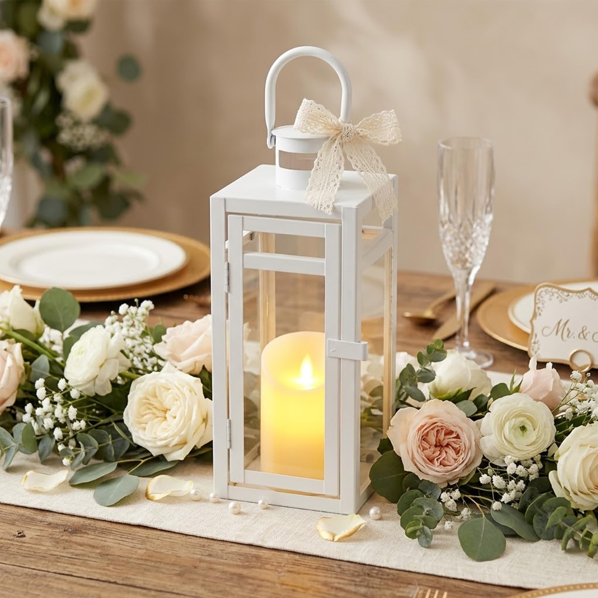 Trirocks White Decorative Candle Lanterns 30Cm High Metal Candle Holders With Tempered Glass For Home Decor Living Room Tabletop Indoor Outdoor Wedding Parties(Matte )