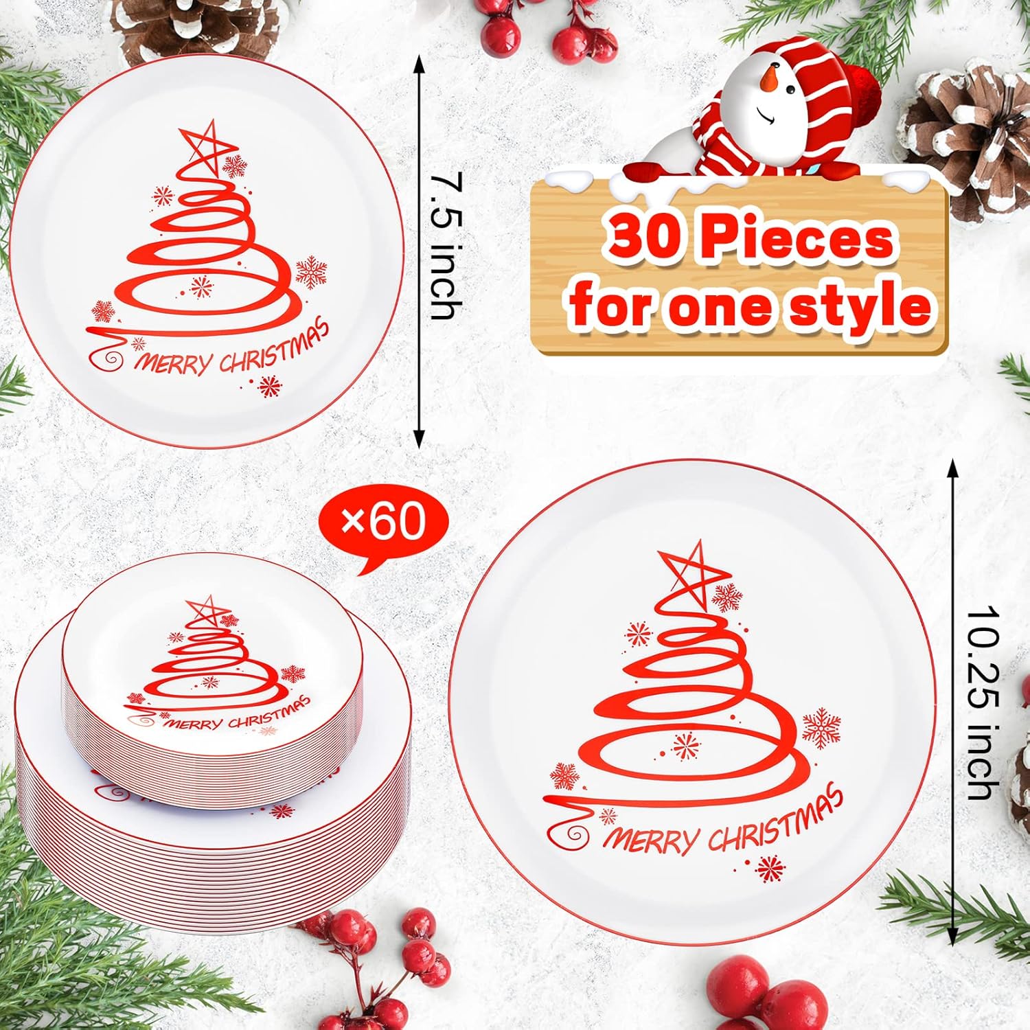 EBOOT 60 Pcs Christmas Plates Christmas Tree Plastic Plates Round Disposable Dessert Dinner supply for Holiday Party Supplies, 10.25 Inch and 7.5 Inch(Red,Cute Style)
