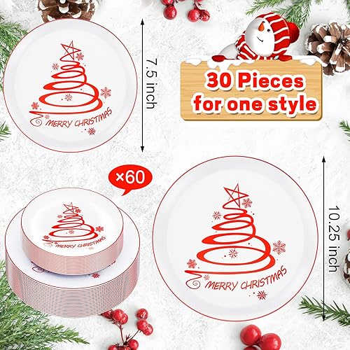 Miniatura 2 de EBOOT 60 platos de plástico para árbol de Navidad, platos redondos desechables de postre para suministros de fiesta de Navidad, 10.25 pulgadas y 7.5