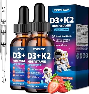 2PCS Vitamin D3 K2 Drops for Kids - Liquid Supplement with Magnesium for Calcium Absorption, Teeth & Heart - Non-GMO, Vegan, Strawberry, 4 Fl Oz - Kids Ages 4+