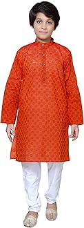 Baba & Baby boys traditional ethnic wear cotton handloom dobby orange colour kurta pajama set (Orange650, 6-7 Years)