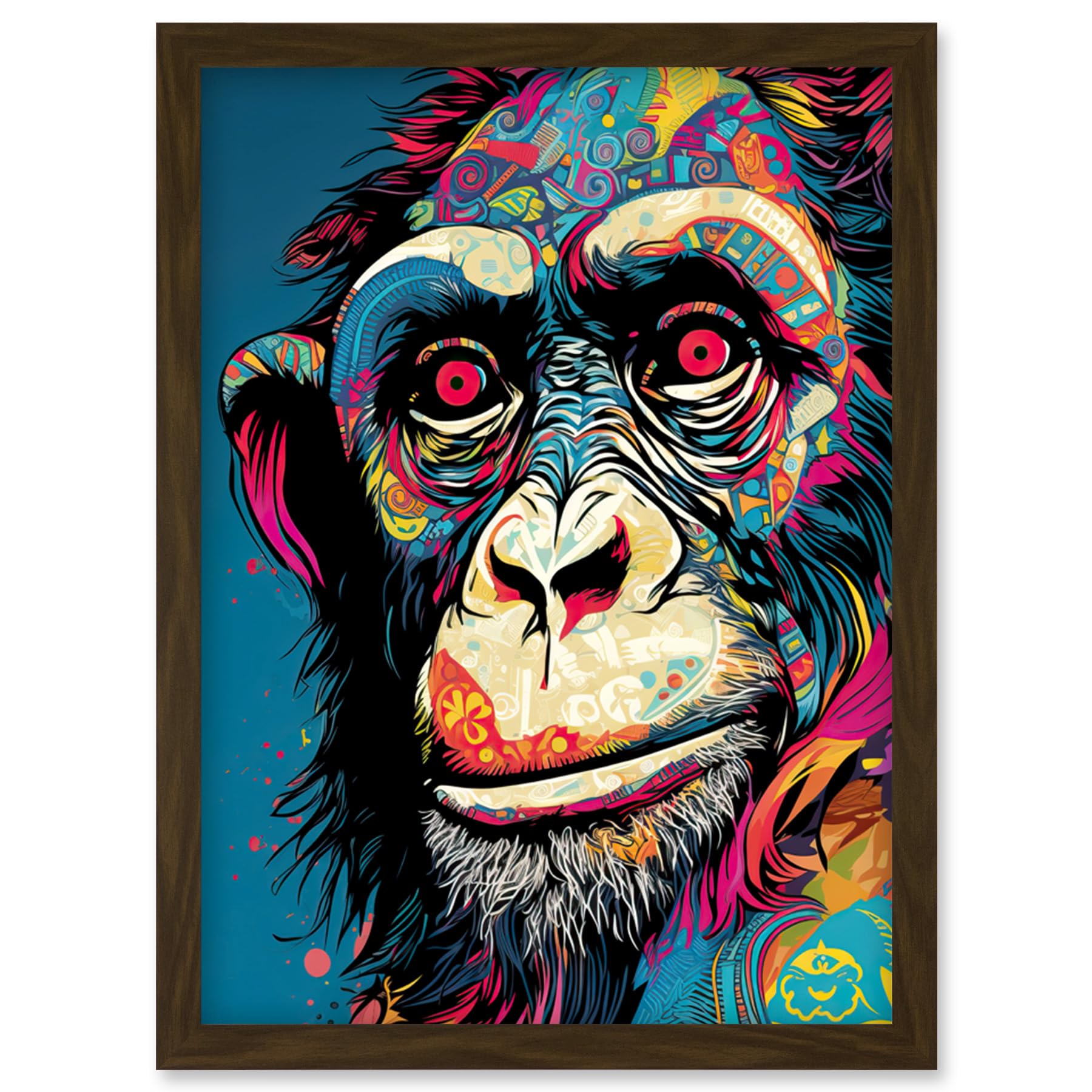Artery8 Chimpanzee Acrylic Painting Vibrant Psychedelic Pattern Portrait Modern Artwork Framed Wall Art Print A4