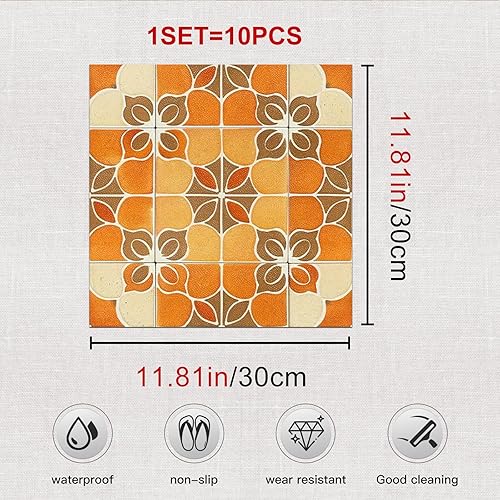 Miniatura 5 de IVN 10 azulejos de suelo de 12 x 12 pulgadas con diseño geométrico floral retro marrón naranja y marrón, despegar y pegar, autoadhesivas, Azulejos