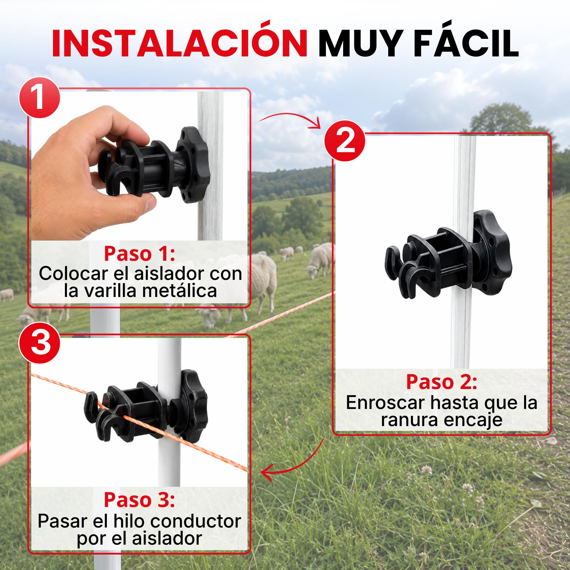 Llampec Aisladores para Pastor Eléctrico N°27 – Pack 500 Unidades - Aislador Roscado para Varilla de Fibra o Metal (6–14 mm) - Polipropileno Resistente a UV - Para Hilo o Cuerda Eléctrica