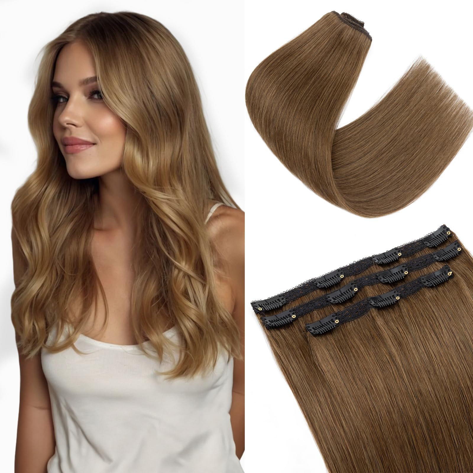 S-noilite Extension Capelli Veri Clip, 3 Pezzi 11 Clips Extensions Capello Veri, Vergine Extension di Capelli Umani, 73g Un Pezzo Naturali Extensions Capello Umani, 40CM Marrone Freddo #4
