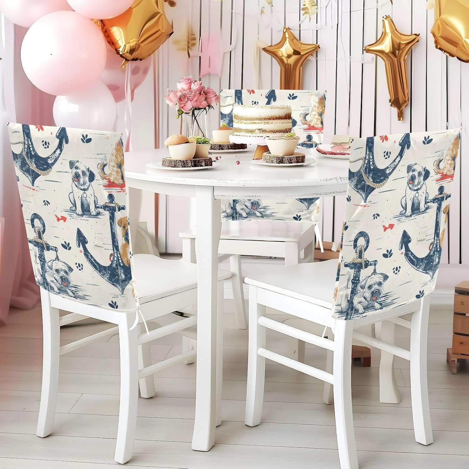 ALAZA Anchor and Dogs Chair Back Cover Set of 6, Washable Reusable Removable Chair Slipcovers Decorative Chair Cover for Home Kitchen Wedding Party