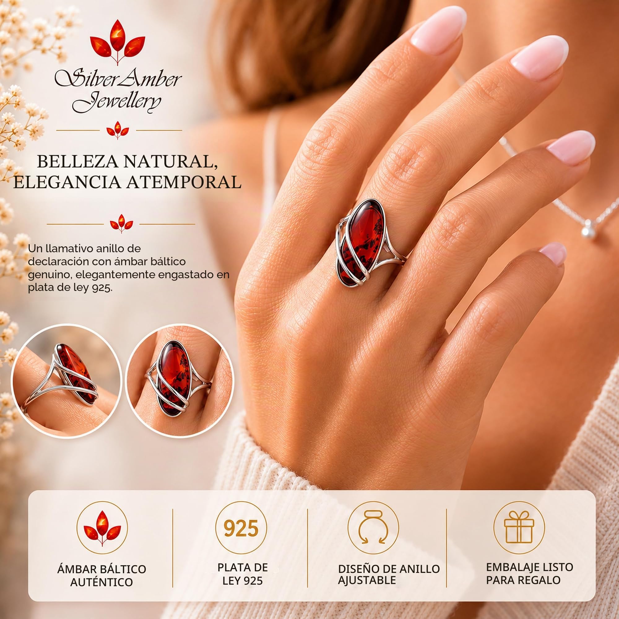 Anillo ajustable grande de plata de ley 925 y ámbar báltico - GL423