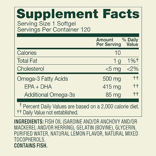 Miniatura 2 de SUREFECT Spring Valley Omega-3 Aceite de pescado 500 mg cápsulas blandas  120 unidades, sabor a limón  Apoyo de salud general y corazón  Alto