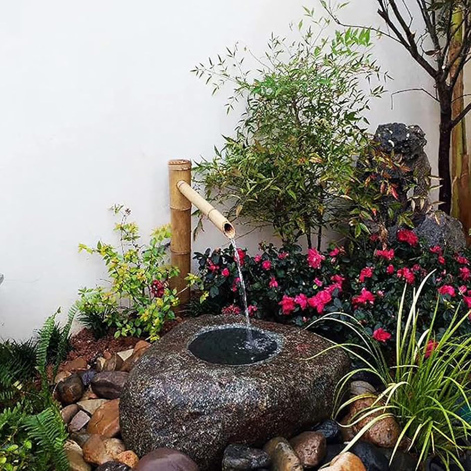 Fontana a Cascata in bambù con Pompa e Cucchiaio d'Acqua, Kit Fontana per laghetto da Cortile, Decorazione Zen Feng Shui, per Giardino, Balcone, Terrazzo e Interni