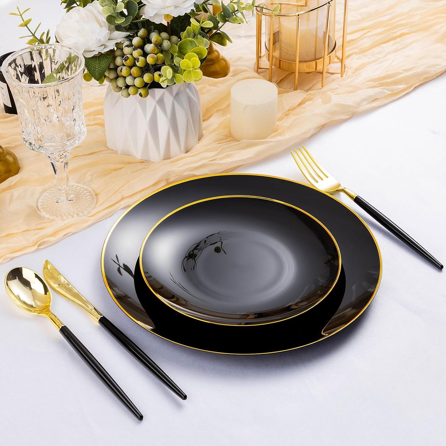 100PCS Black Plastic Plates with Gold Rim, Black Gold Disposable Plates for Party, Graduation and Wedding, Include 50 Dinner Plates, 50 Dessert Plates for 50 Guests - Image 4