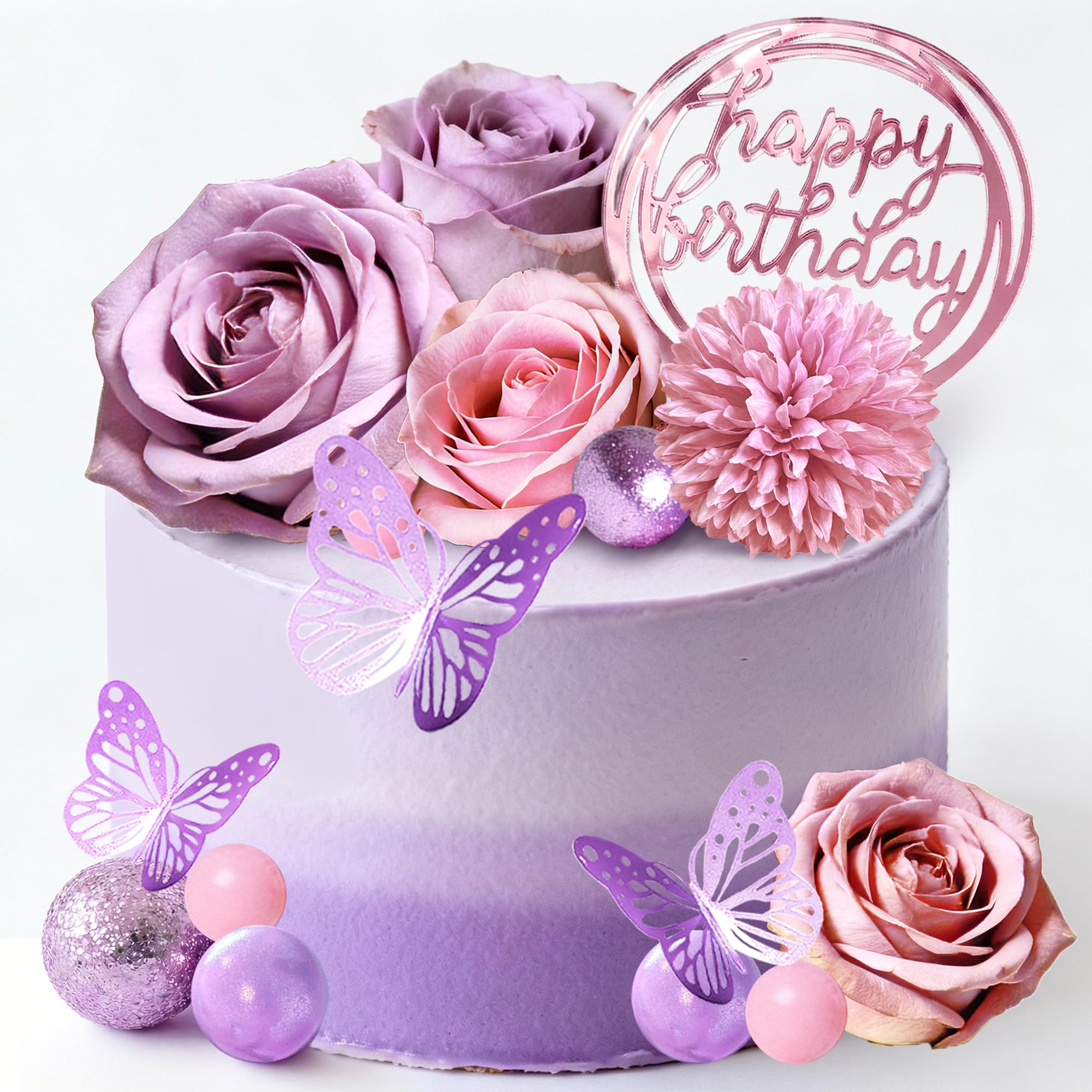 Flower Cake Toppers, Happy Birthday Rose Gold Cake Decorations with Artificial Flowers Butterfly Balls for Wedding Baby Shower Birthday Party Supplies