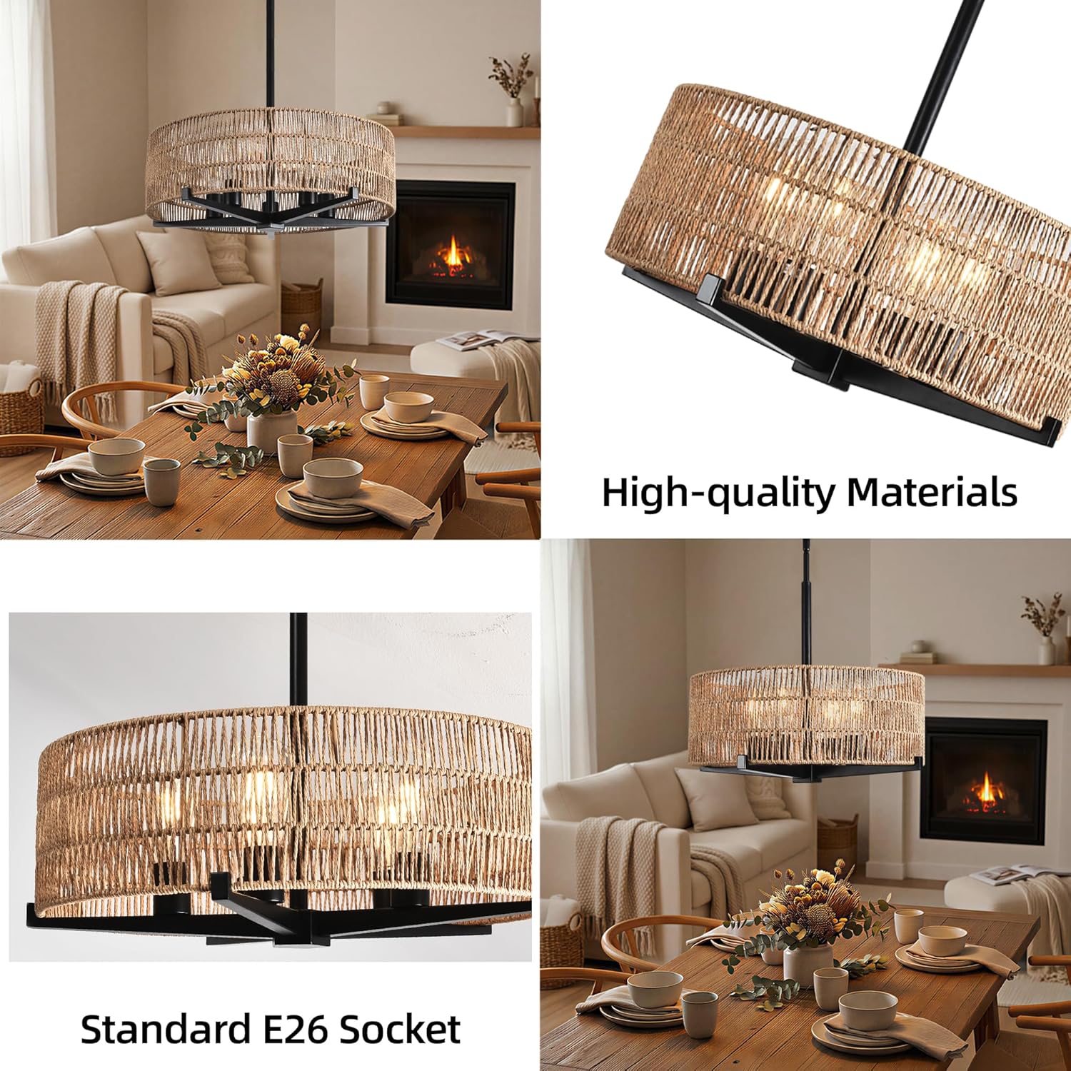 4-Light Boho Light Fixtures 17.7" Rattan Pendant Light Rustic Farmhouse Chandelier for Dining Flush Mount Ceiling Hanging Light Fixture for Hallway Entryway Kitchen Island